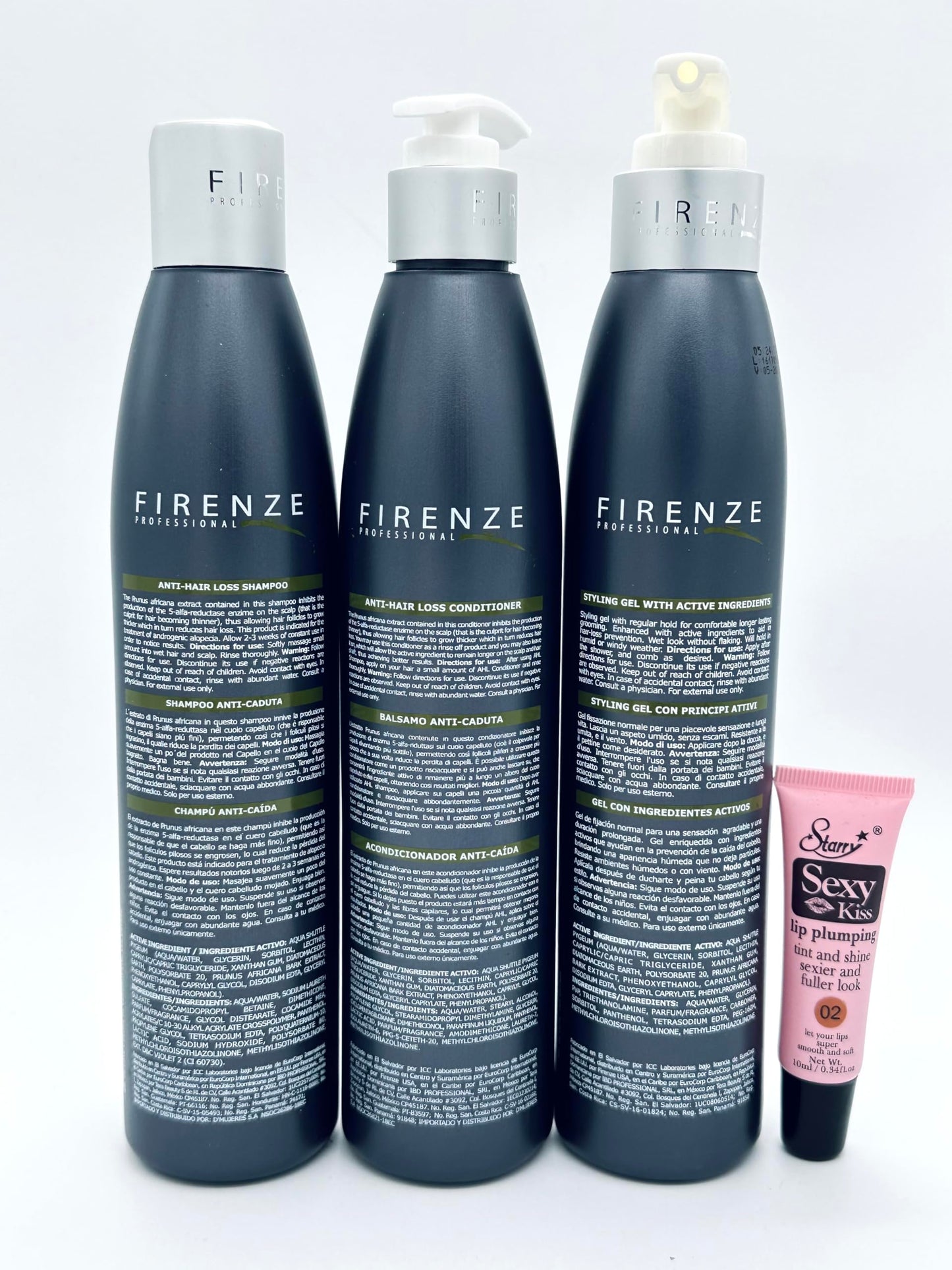 Firenze Professional AHL Anti-Hair Loss Shampoo, Conditioner and Gel 10.1 fl oz with Prunus Africana Extract & Panthenol - Free Starry Lip Plumping
