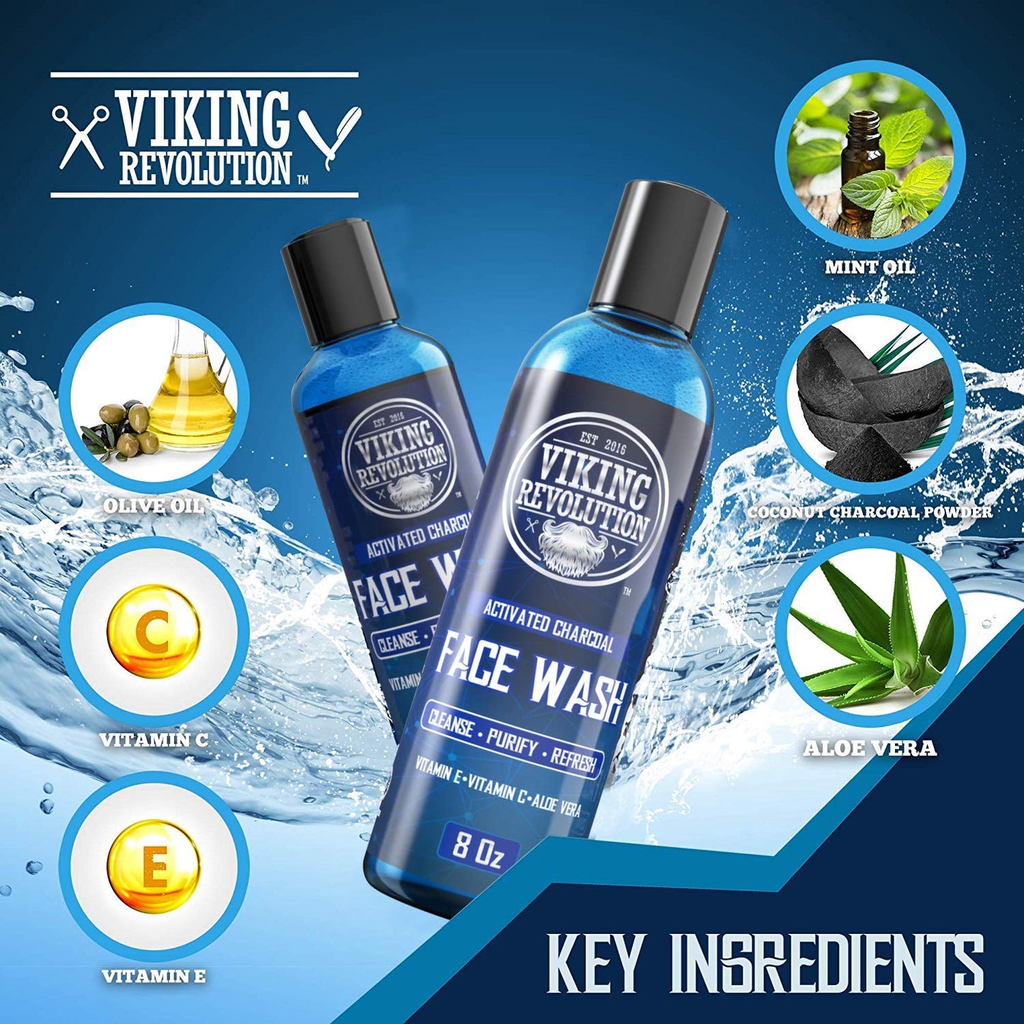 Viking Revolution Charcoal Face Wash for Men- Scrub Away Dirt and Toxins, Skin Cleaning Agent - Cleanse, Purify and Refresh - Daily Charcoal Facial