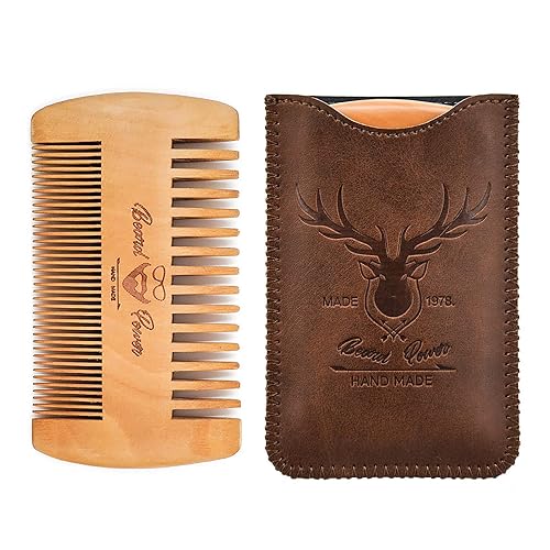 Menesia Wooden Comb with Durable Case - Fine & Coarse Teeth, Pocket Comb for Beards, Mustaches & Hair, Brown Deer Design