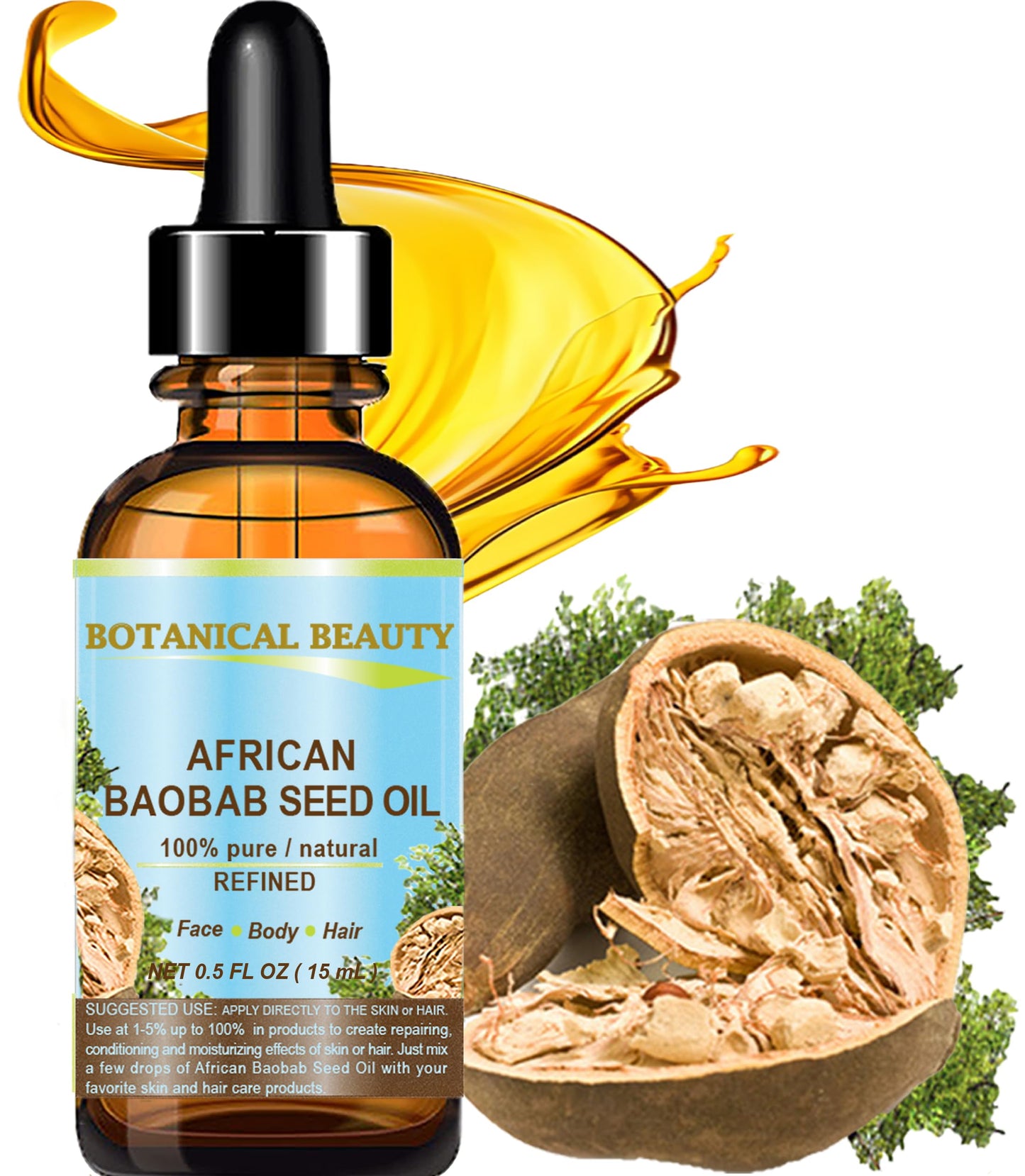 Botanical Beauty BAOBAB SEED OIL 100% Pure Natural Refined Cold-Pressed Carrier Oil 0.5 Fl oz 15 ml For Face Skin Body Hair Lip Nails Rich in Vitamin