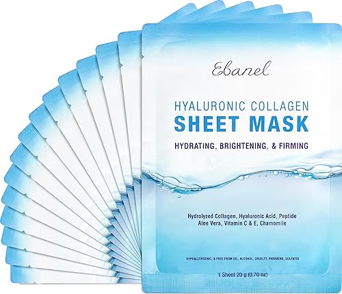 Ebanel 15 Pack Collagen Face Mask with Hyaluronic Acid, Vitamin C, Peptide, Aloe, Instant Brightening Hydrating Face Masks Skincare Korean Sheet