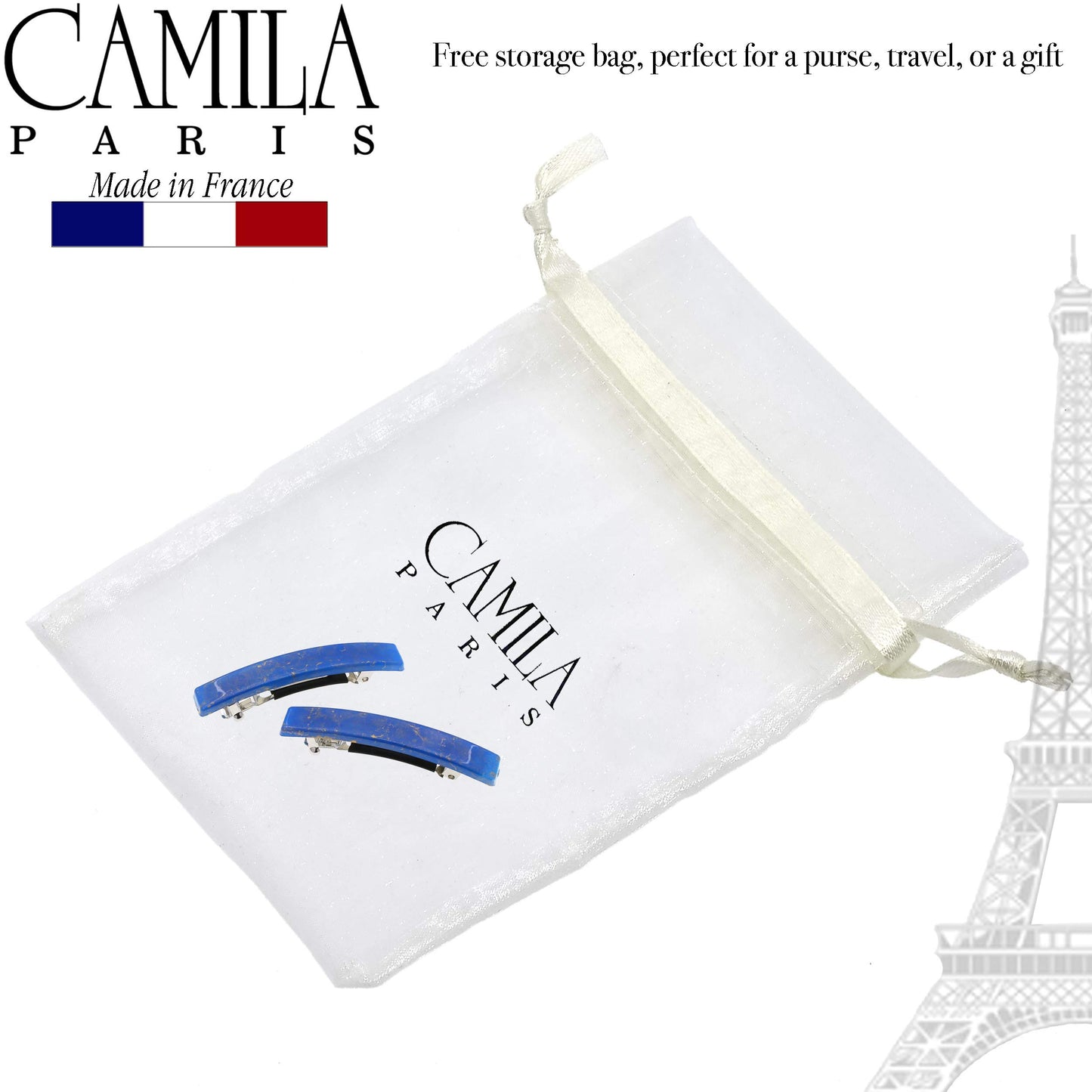 Camila Paris CP3042 French Hair Barrette Clip for Girls, Set of 2 Blue Rubberized Metal Clasp Strong Hold Grip Hair Clips for Women, No Slip Durable