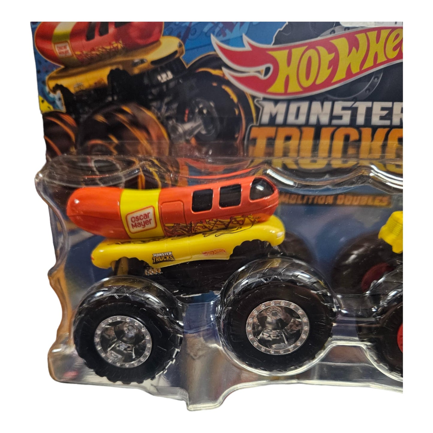 Hot Wheels Monster Trucks Demolition Doubles Oscar Mayer Weinermobile Vs All Fried Up 2 Pack. 1:64 Scale.