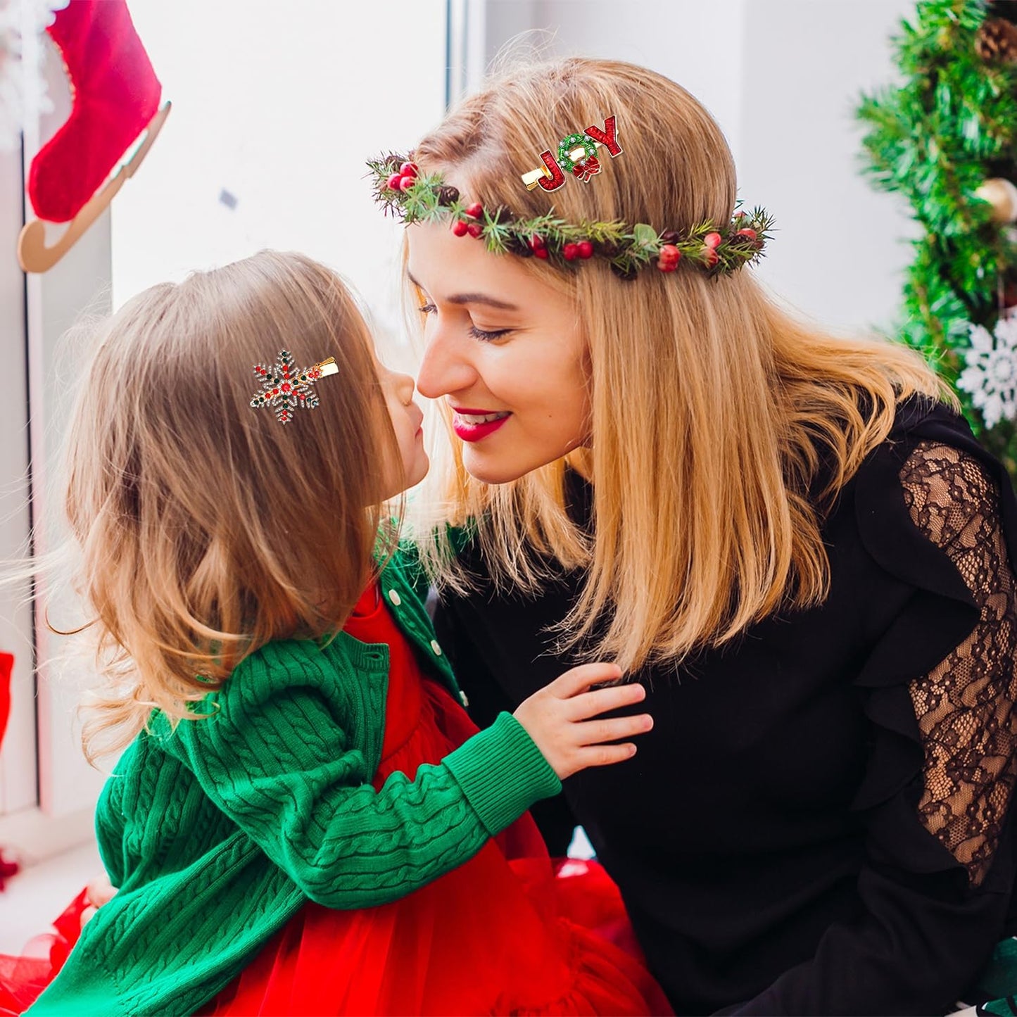 6PCS Christmas Hair Clips for Women Xmas Snowflake Wreath Reindeer Bell Hairpins Rhinestone Holiday Hair Barrettes Festive Costume Hair Accessory