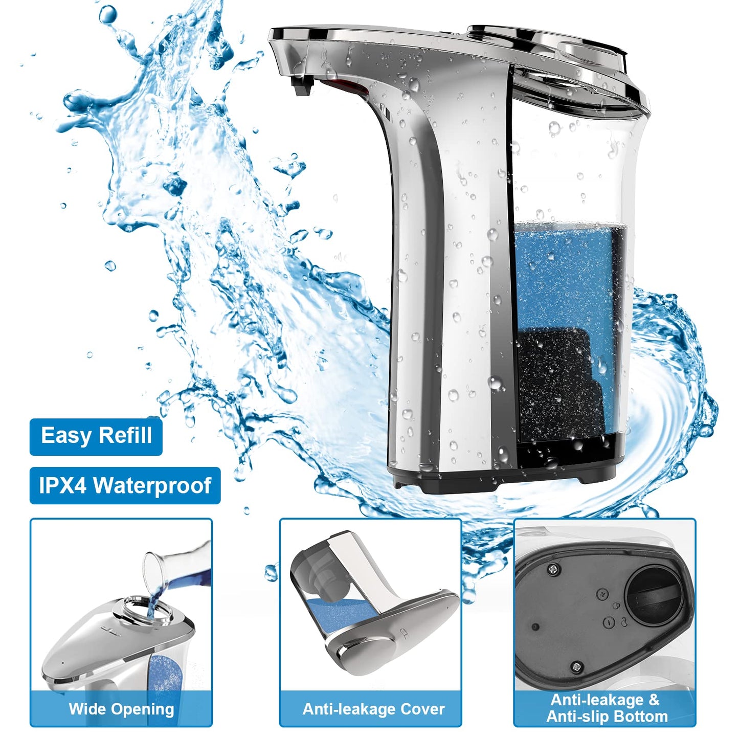 PZOTRUF Touchless Automatic Soap Dispenser, 17oz, Infrared Sensor, 5 Levels, for Bathroom & Kitchen Liquid Soap (Silver)