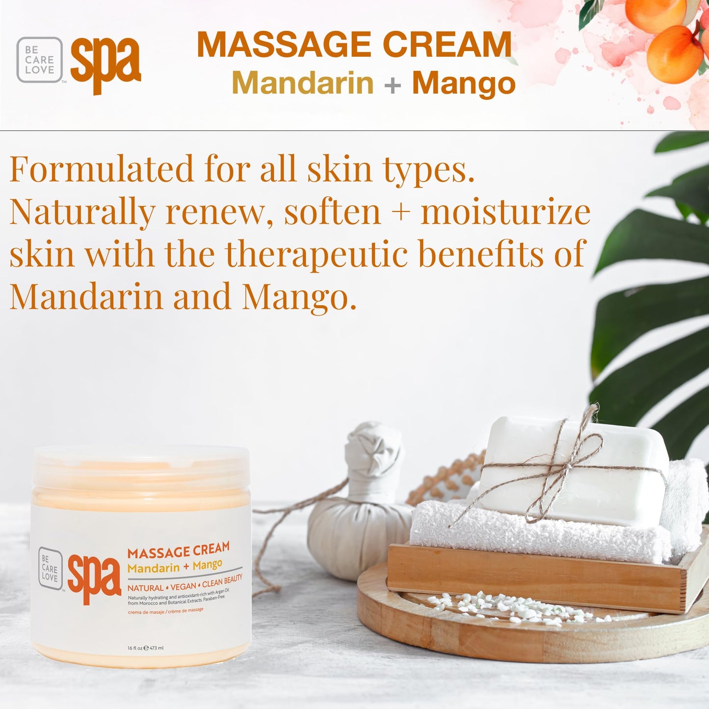 BCL SPA Massage Cream organic Mandarin + Mango body lotion with shea butter, aloe vera, peppermint, argan and jojoba oils, body cream to invigorate