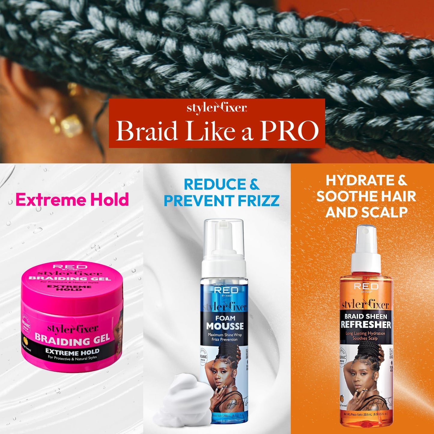 Red by Kiss Braiding Gel Extreme Hold Styler Fixer for Box Braids & Cornrows, Hydrating, Conditioning, Long-Lasting Frizz Control, 4C Moisturizing