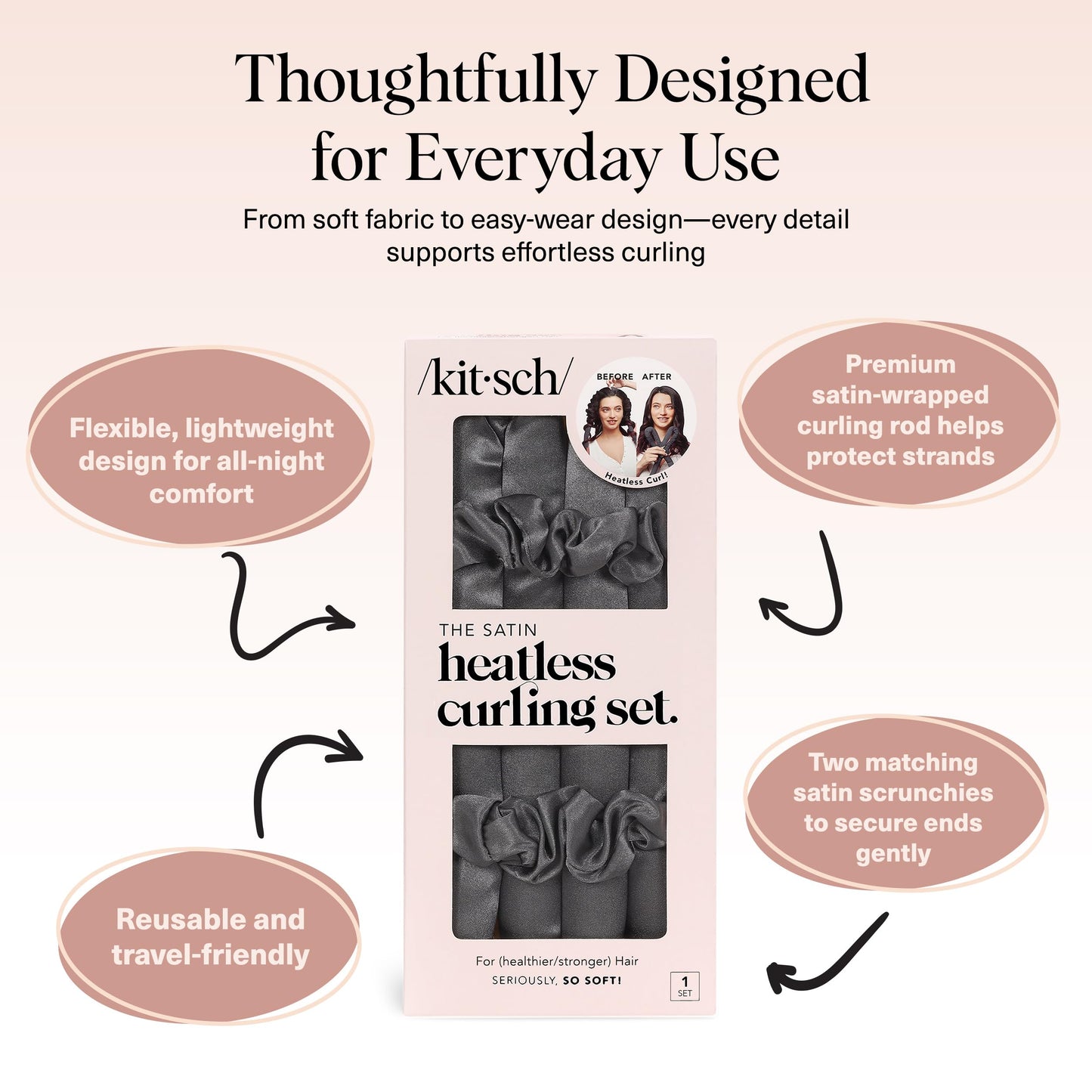 Kitsch Holiday Gift Silk Heatless Hair Curler | Heatless Curling Rod Headband | Satin Heatless Curling Set for Hair | Perfect Heatless Curls