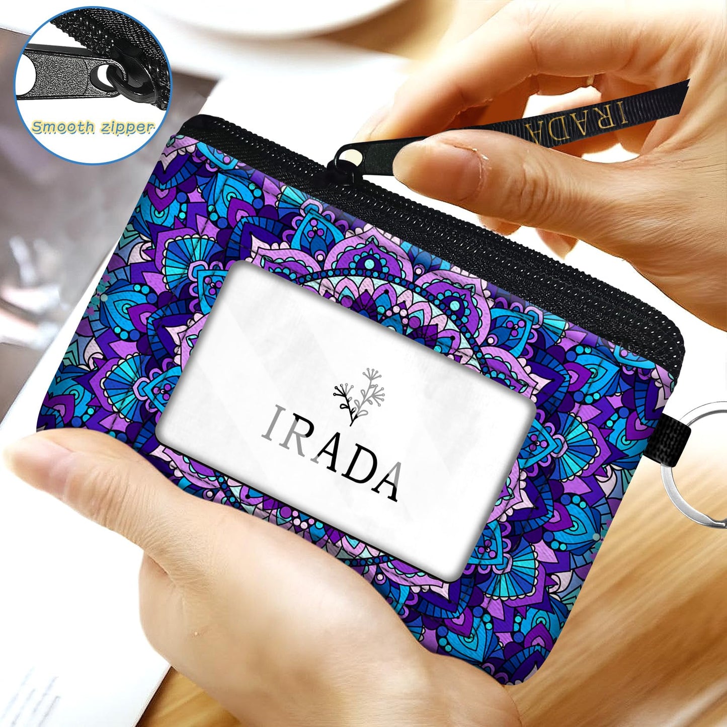 Irada Id Case Wallet Keychain With Clear Window Zipper Cute Coin Purse For Women Water Resistant Small Pouch-Purple Mandala Flower