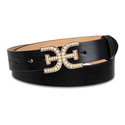 Sam Edelman Women's Pearl Embellished Double-E Logo Plaque Buckle Belt, Black, Small