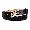 Sam Edelman Women's Pearl Embellished Double-E Logo Plaque Buckle Belt, Black, Small