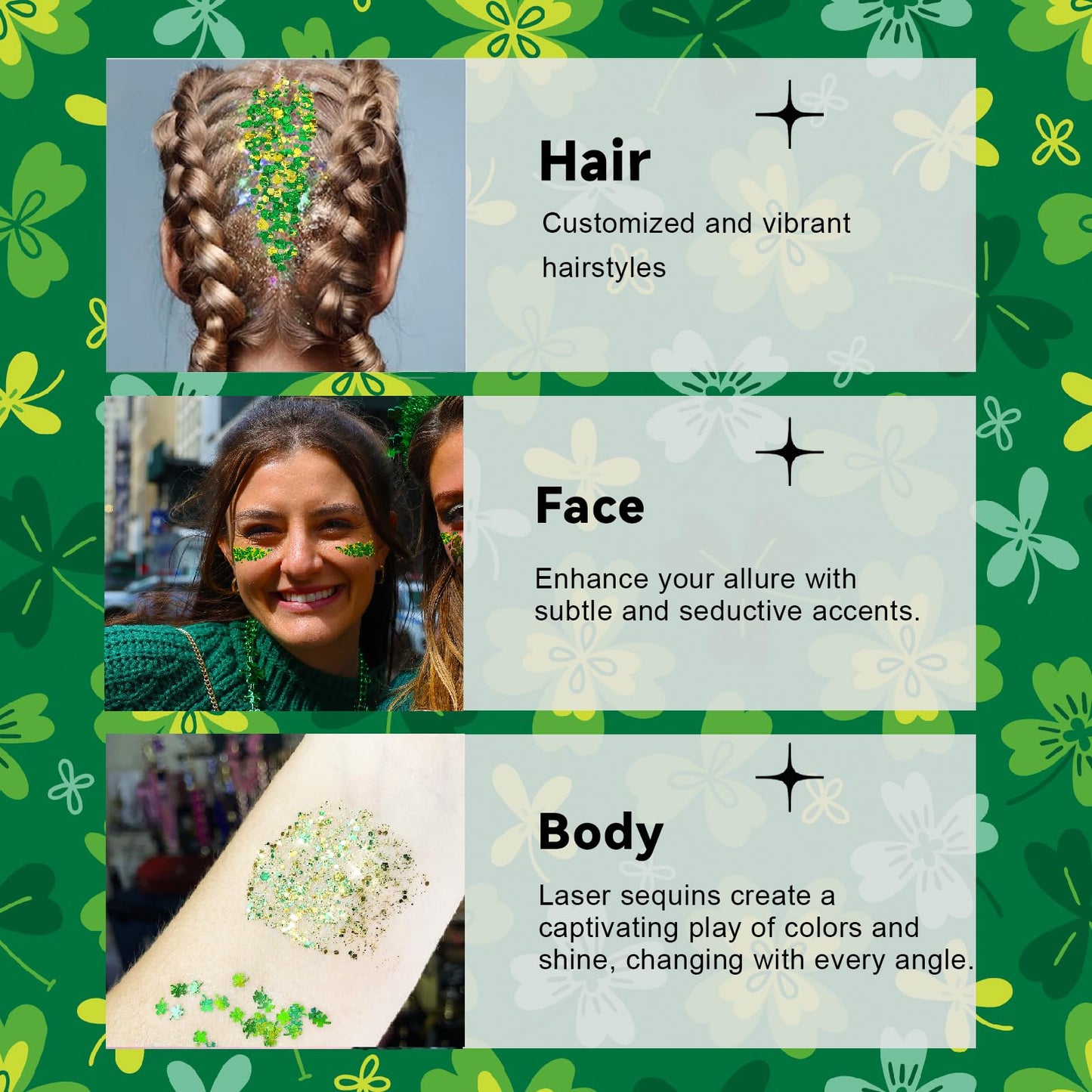 ST Patricks Day Glitter Gel Stick, Color-Changing in Different Lighting, for Body, Face & Hair (Shamrock)