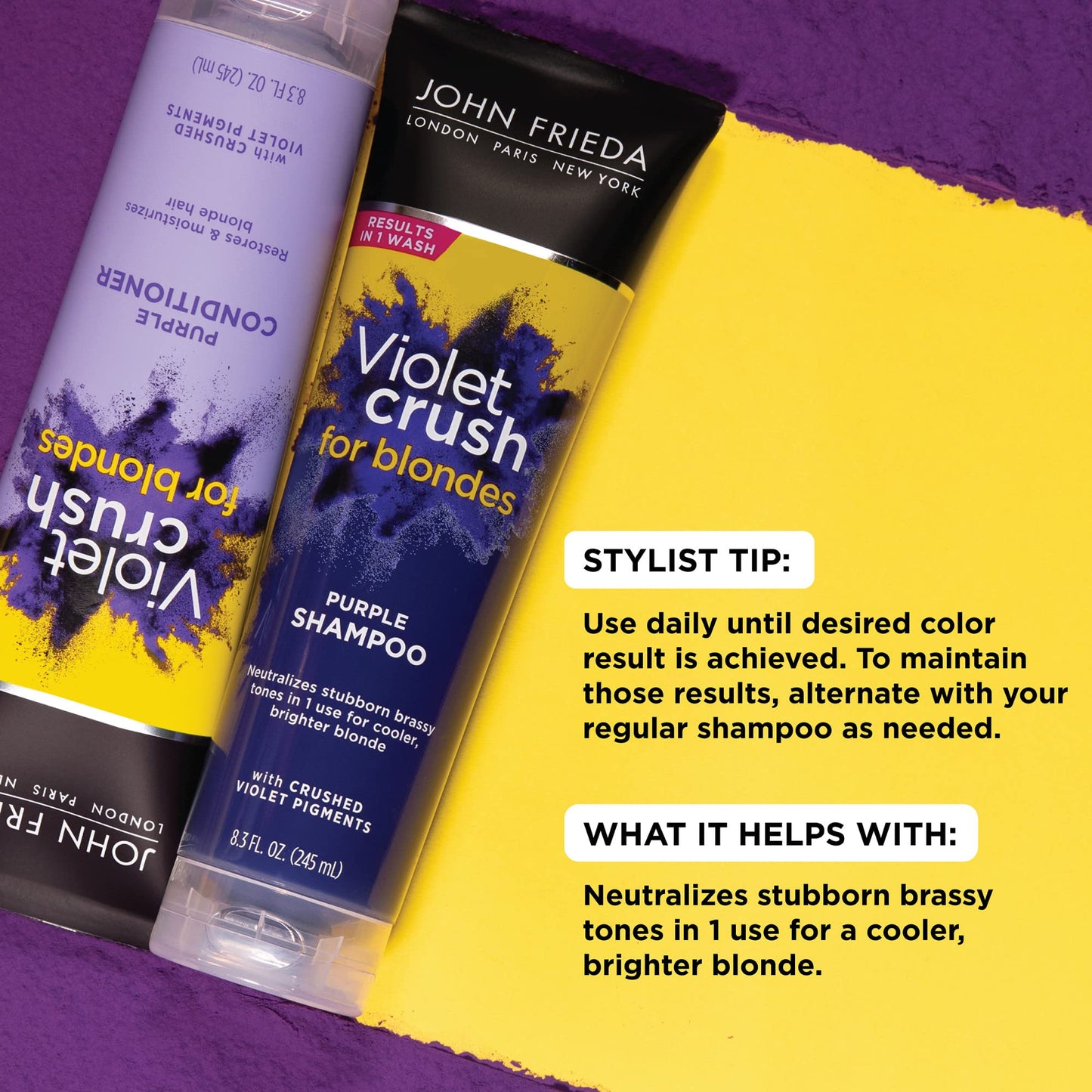 John Frieda Violet Crush Purple Shampoo and Conditioner Set for Blonde Hair, Neutralizes Yellow Tones for Bleached, Blonde, and Platinum Hair, 8.3 Oz