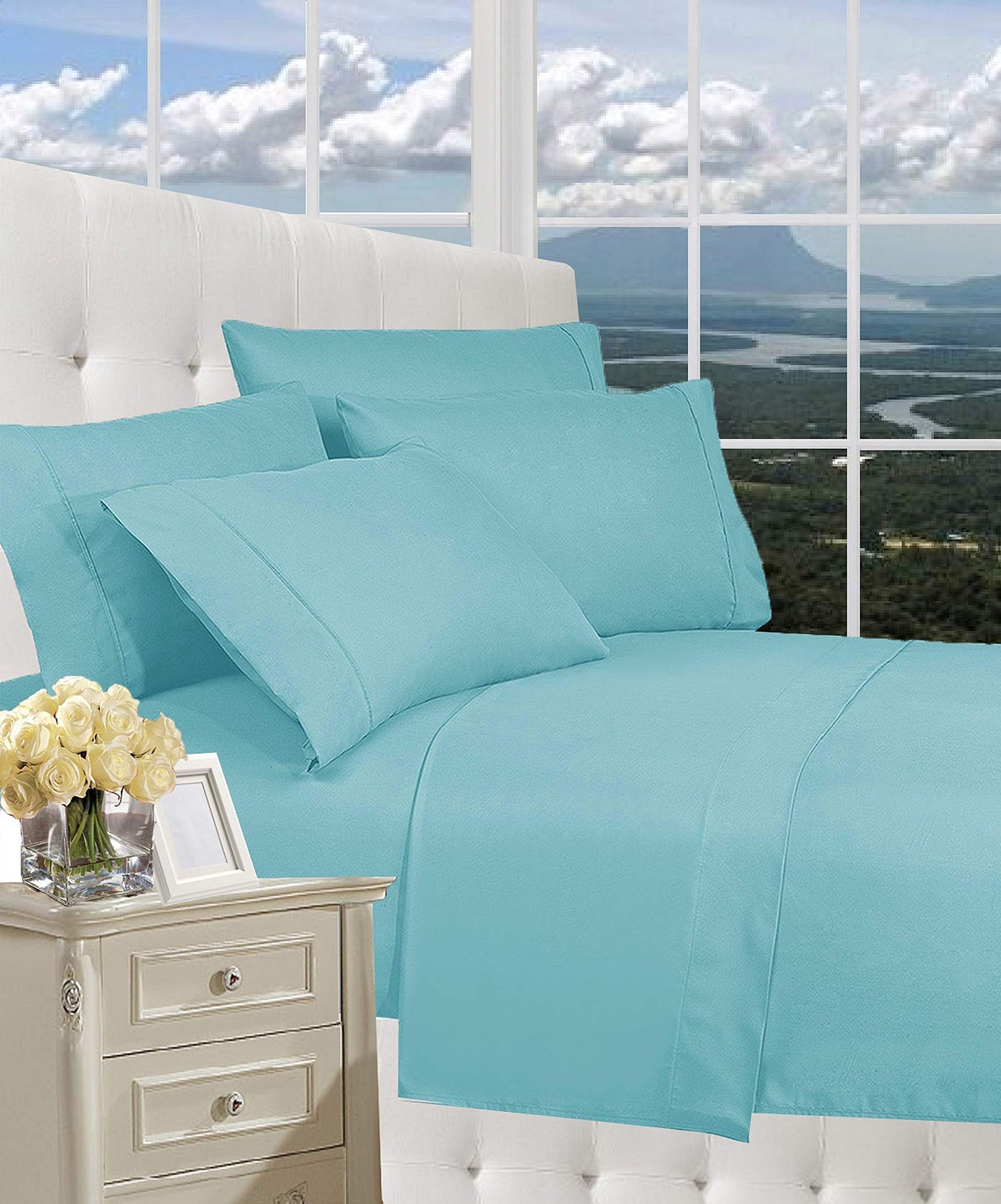 CELINE LINEN Luxurious Bed Sheets Set on Amazon 1800 Premier Hotel Quality Wrinkle Free 4-Piece Sheet Set with Deep Pockets, Full Aqua Blue