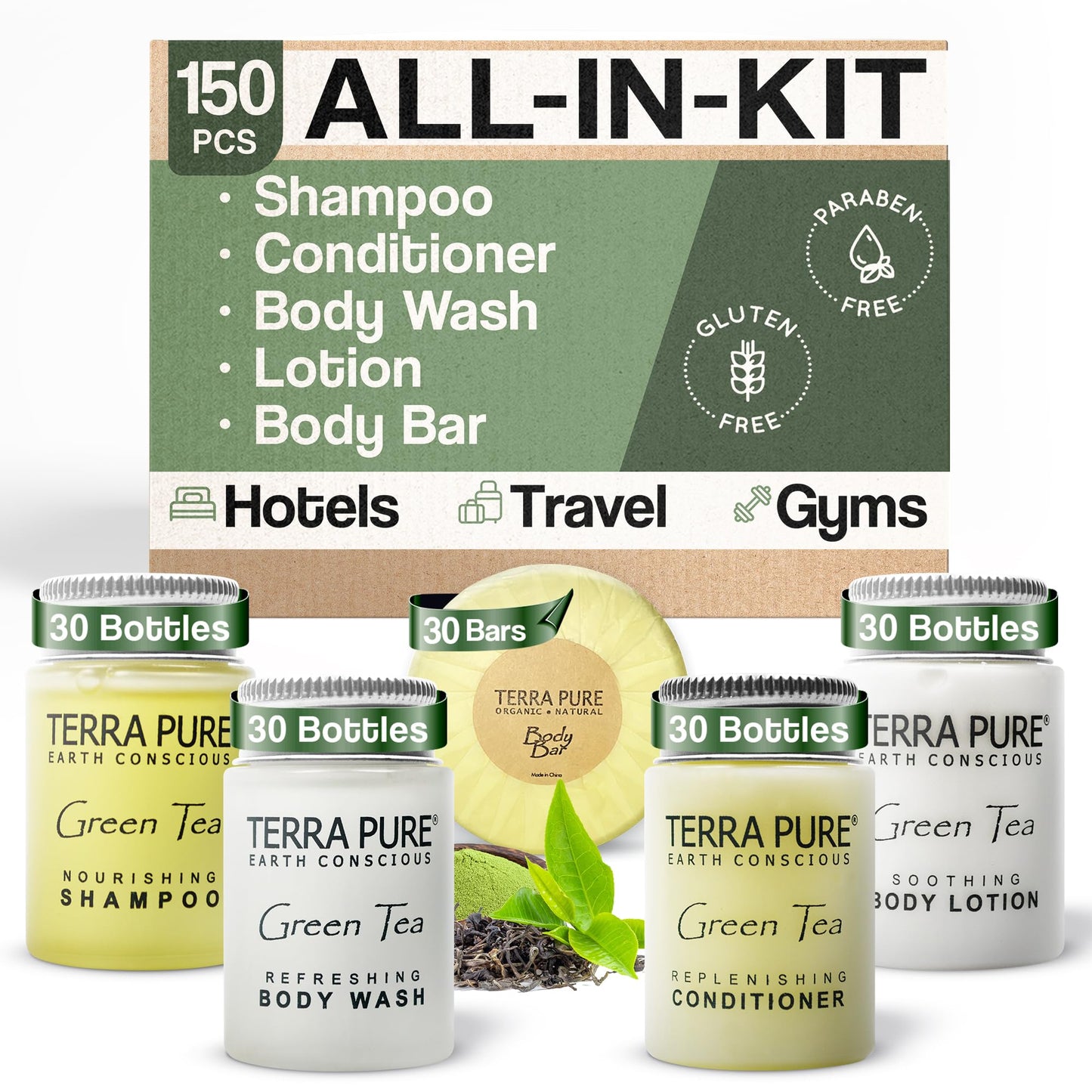 Terra Pure Hotel Soaps & Toiletries Bulk Set | 1-Shoppe Amenities Kit | 1oz Shampoo & Conditioner, Body Wash, Lotion, 1.25oz Bar Soap | Travel Size |