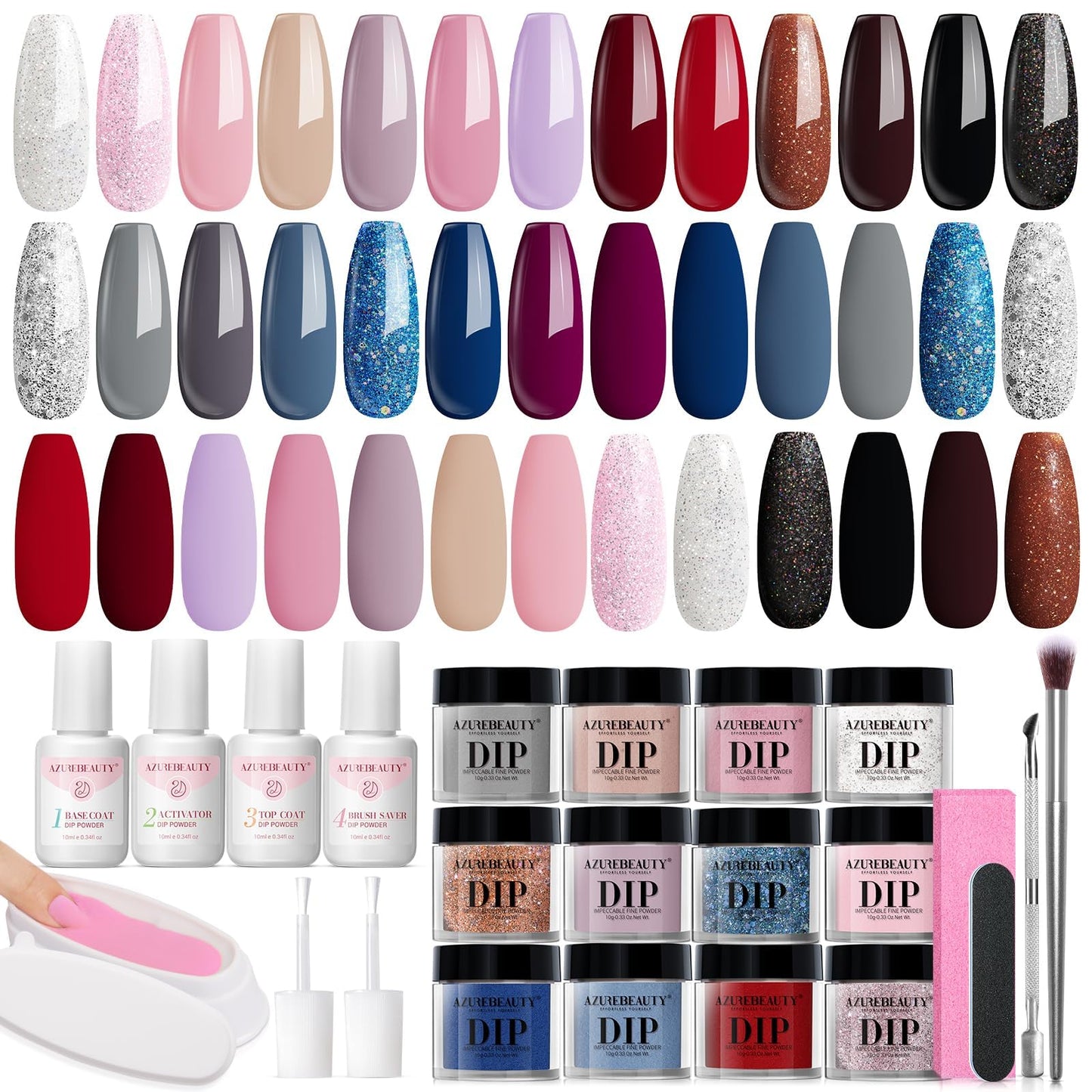 AzureBeauty 31 Pcs Dip Powder Nail Kit Starter, 20 Colors Glitter Nude Pink Gray Red Dip Powder Liquid Set with Top & Base Coat Activator for French Beauty and Personal Care AZUREBEAUTY Default Title
