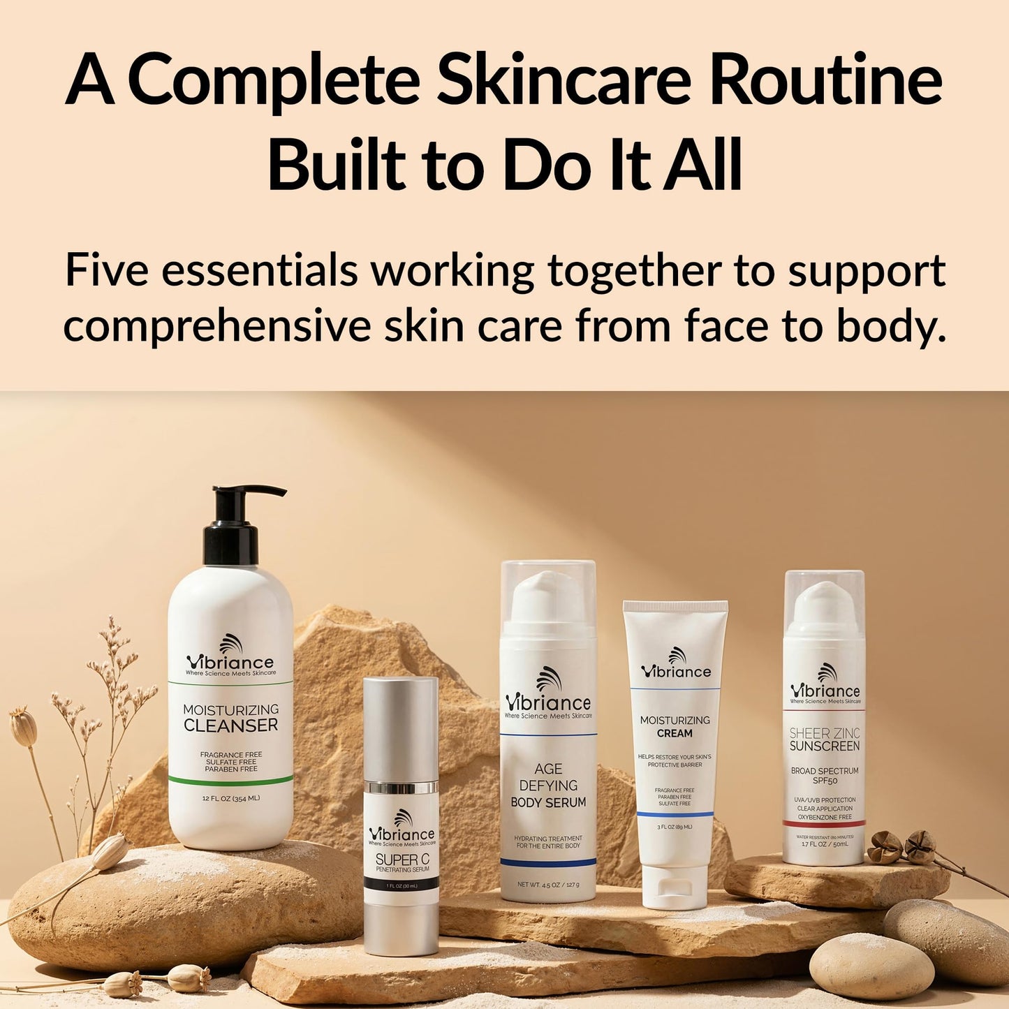 Vibriance Premium Skincare Bundle | Super C All-in-One Serum, Face Cleanser, Moisturizing Cream, Sheer Zinc Sunscreen SPF 50, Age Defying Body Creme