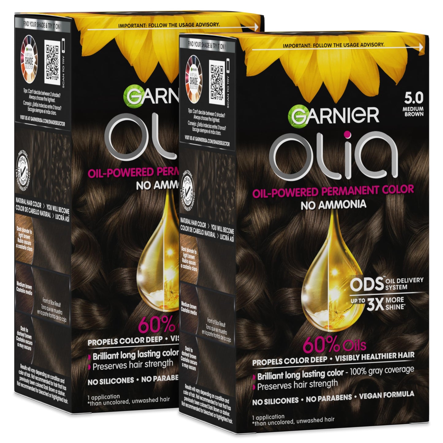 Garnier Olia Hair Color, Ammonia-Free Permanent Hair Dye, Oil-Powered Formula for 100% Gray Coverage and 3x Shinier Hair, Vegan & Cruelty Free, 5.0