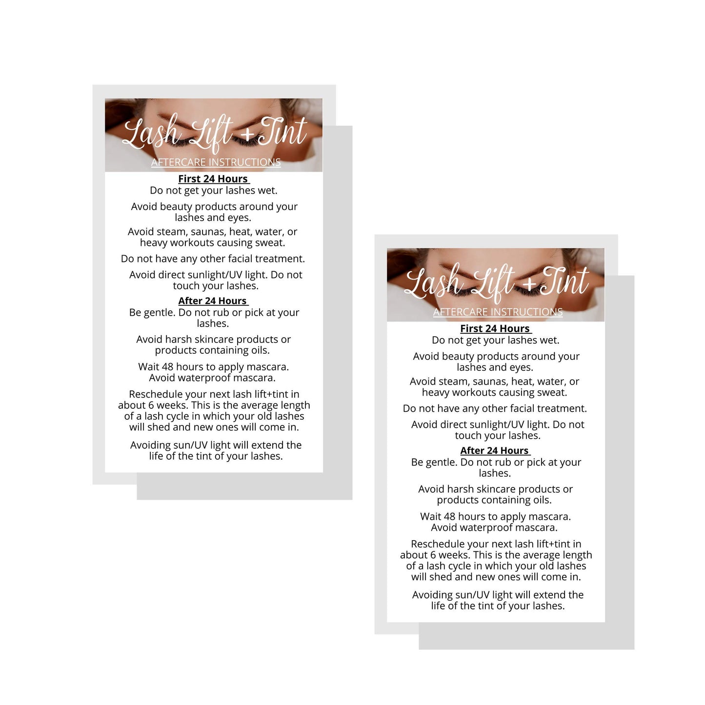 Lash Lift + Tint Aftercare Instruction Cards | 50 Pack | 2 x 3.5” inches Business Card Single Side | Eyelash Lift and Tint Kit at home diy aftercare
