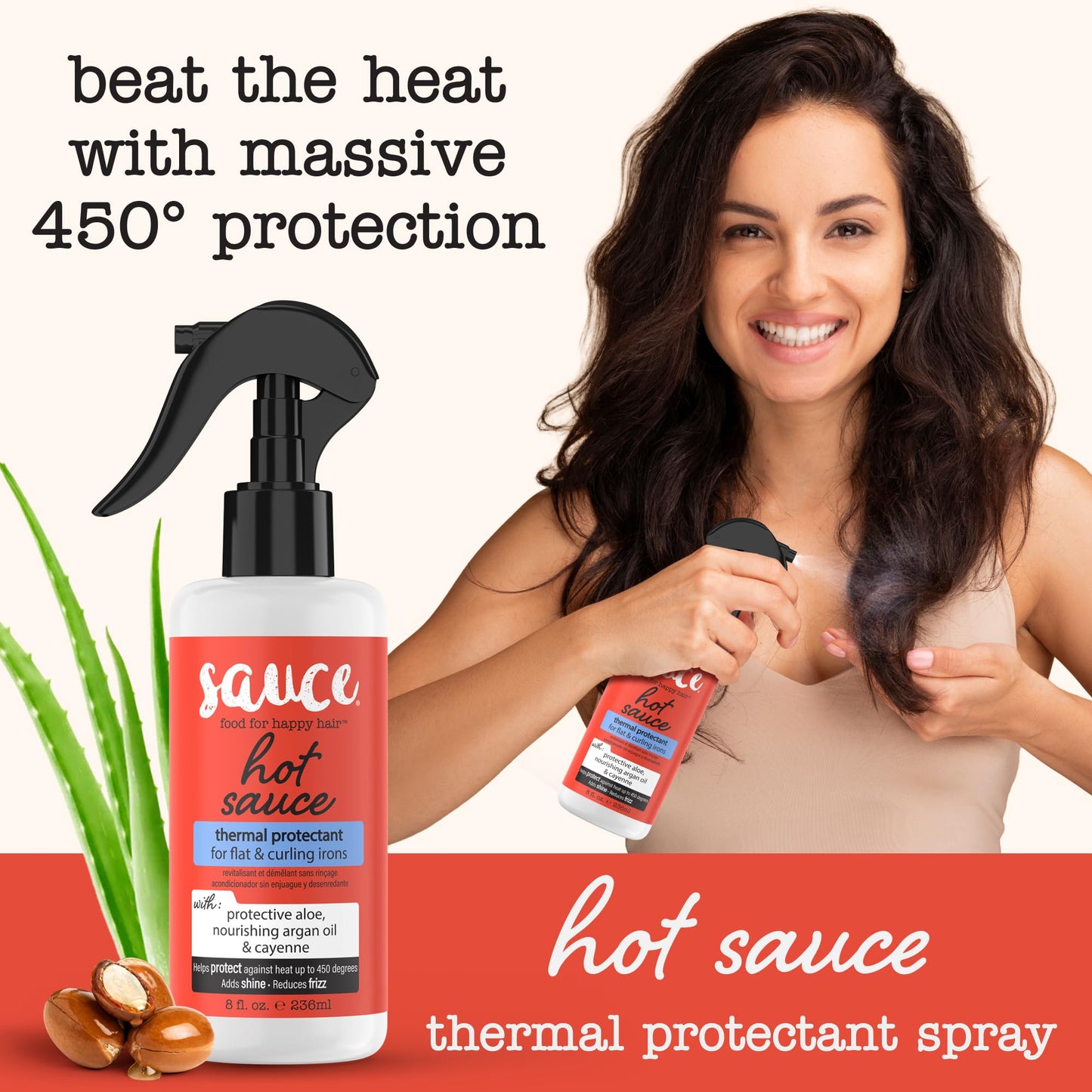 SAUCE BEAUTY Hair Heat Protectant Spray (8 Fl Oz) Hot Sauce Thermal Protectant Spray with Argan Oil, Aloe & Cayenne, Anti Frizz & Adds Shine, Blow Dry
