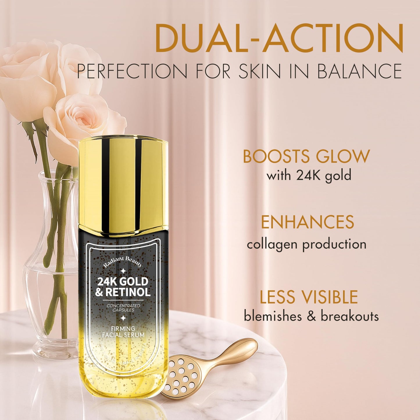Radiant Beauty 24K Gold & Retinol Firming Serum - Moisturizing, & Protecting - Reduces Dark Spots & Wrinkles - Dermatologist Tested, Korean Skin Care