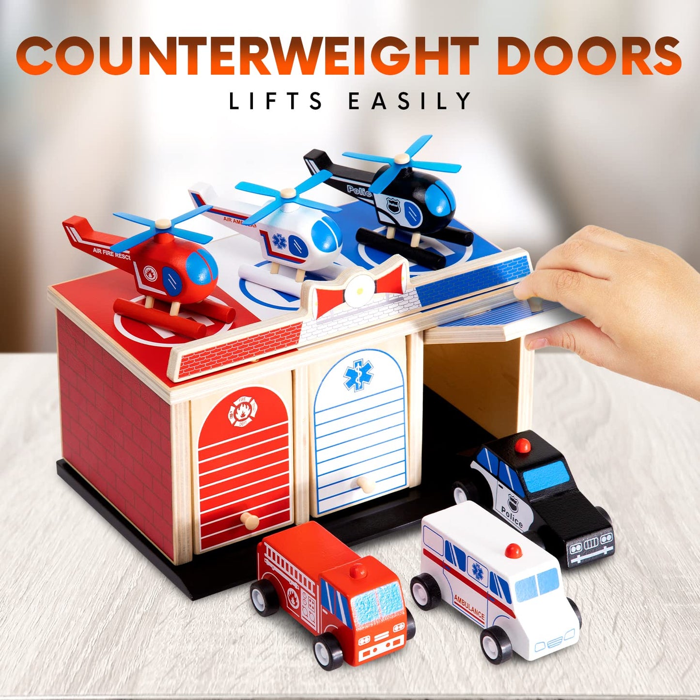 Rescue Station Wooden Playset – 2-Level Garage with Fire Truck, Ambulance, Police Car & 3 Helicopters – Emergency Vehicles for Kids 3+