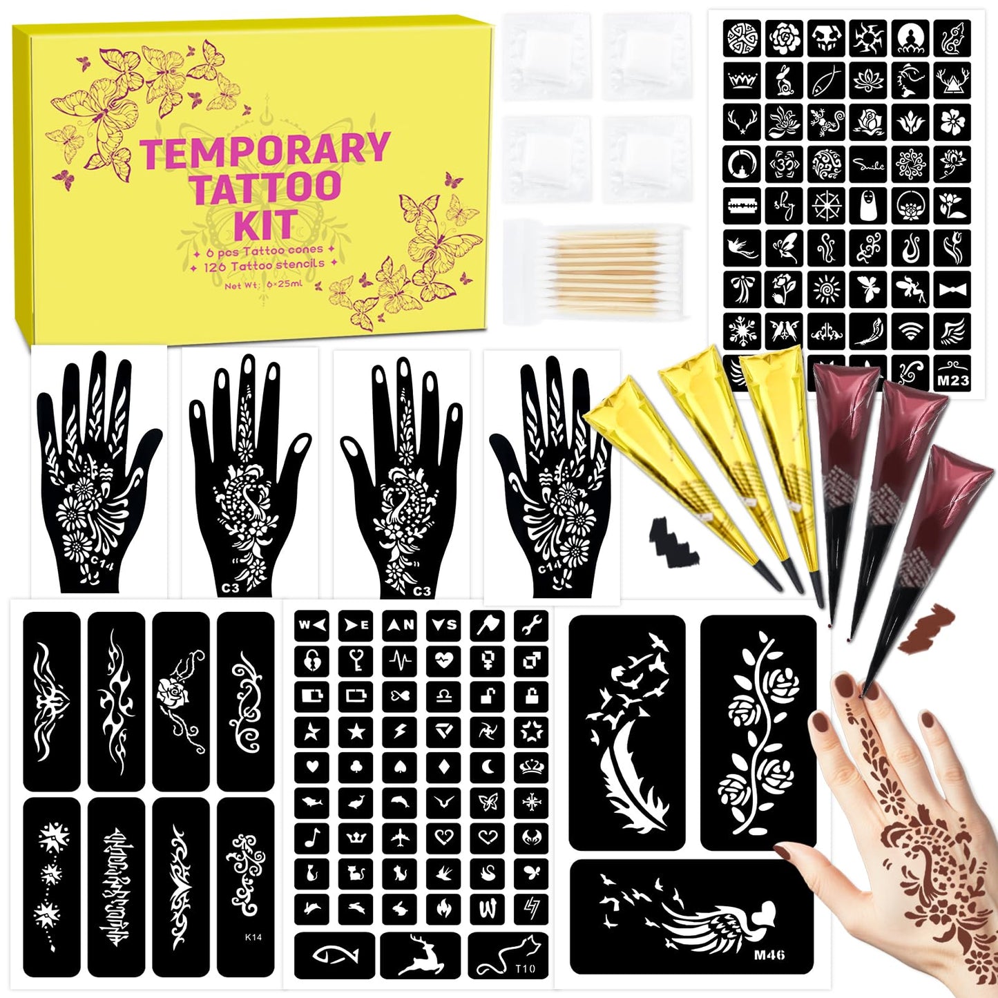 MuseLuxe 126 PCS Temporary Tattoos Stencils Kit,Temporary Tattoos Kit - 6 Pcs 2 Color(Brown Black) Ink with Gloves,DIY Body Art Painting for Women Men Beauty and Personal Care MuseLuxe