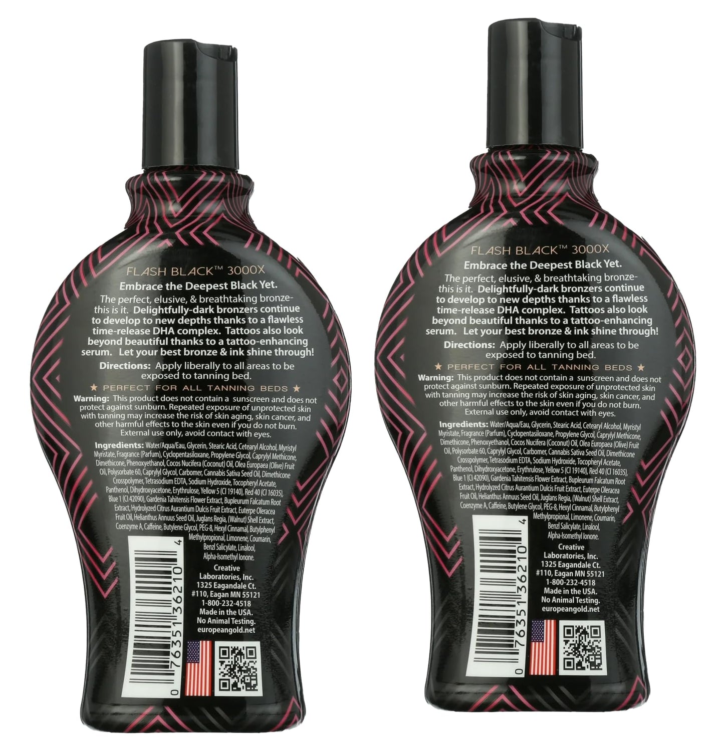 Set of 2: European Gold Flash Black 3000X Indoor Tanning Lotion with Time-Release DHA Bronzers, 12 oz
