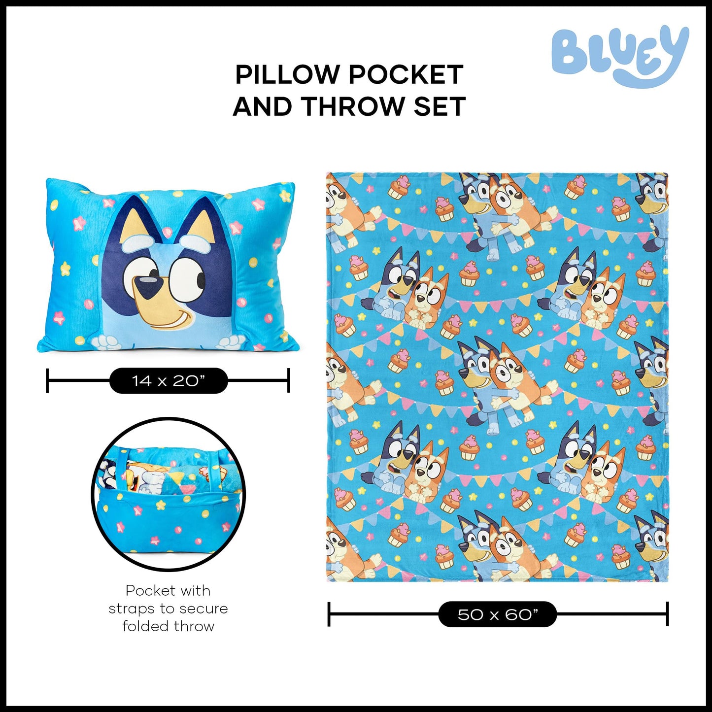 NORTHWEST Bluey Party Pups Silk Touch Throw Blanket 50 x 60 Inches with Bluey Plush Pocket Pillow 14 x 20 Inches - Comfy & Cozy Bluey Blanket &…