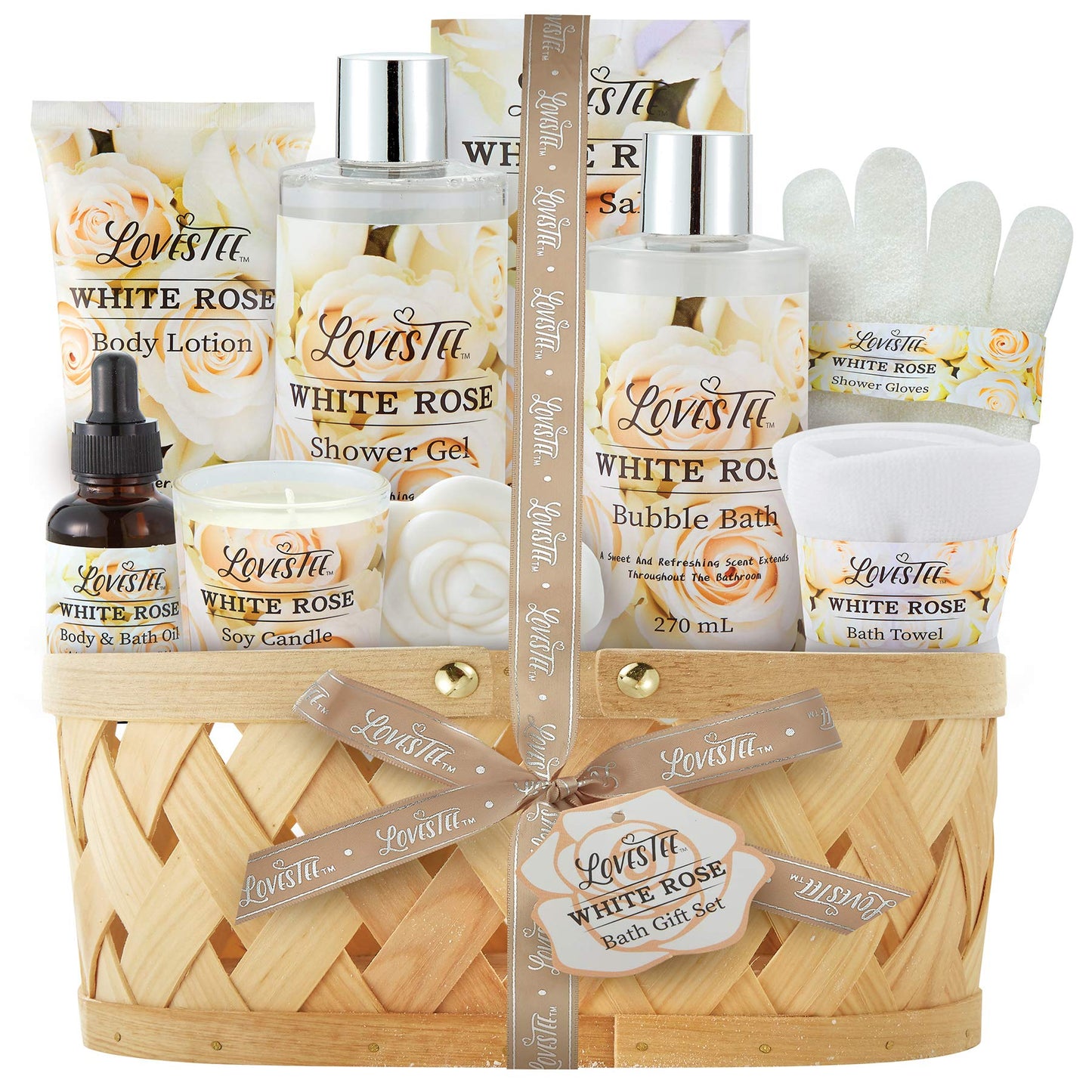 Christmas Gifts Bath & Body Spa Gift Basket for Women, Best Gift for Mother's Day & Birthday, White Rose Set Body Lotion, Shower Gel, Bubble Bath