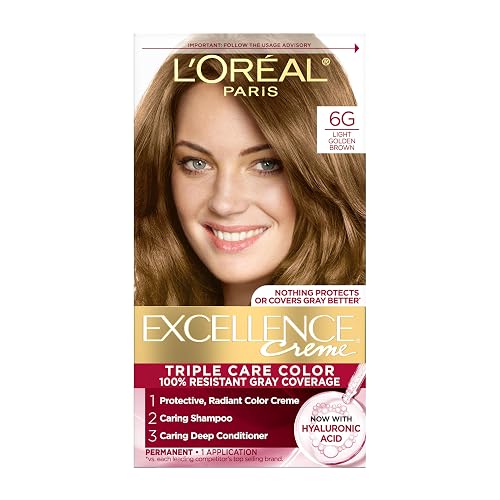 L'Oreal Paris Excellence Crème Permanent Hair Dye, Triple Care Hair Color with Hyaluronic Acid for 100% Gray Coverage, 6G Light Golden Brown, 1 Kit