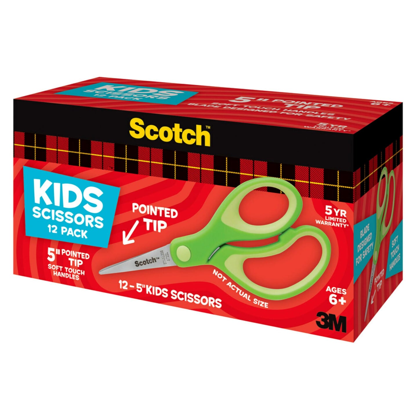 Scotch 5" Soft Touch Pointed Tip Kids Scissors, 12 Count Teacher’s Pack, Green, All-Purpose Scissors for School and Crafts (1442P-12)