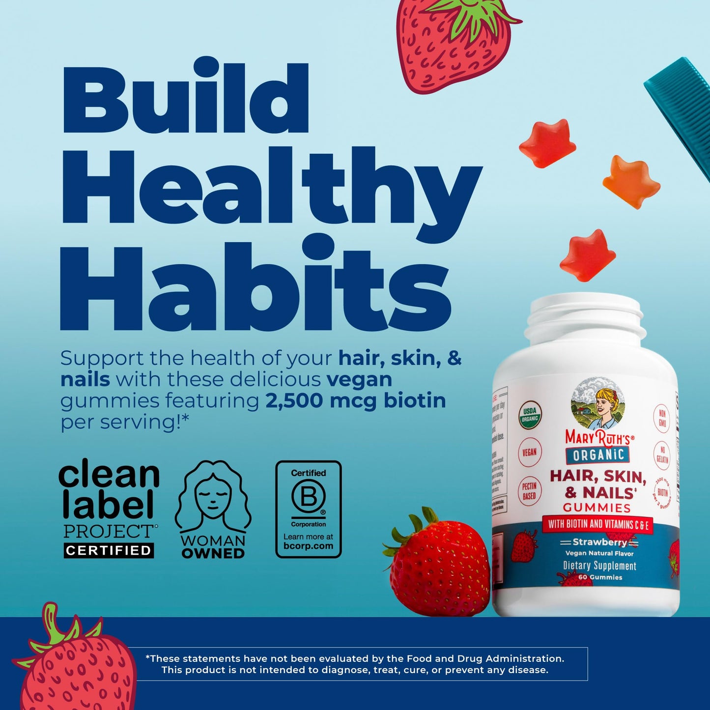 MARYRUTH'S Hair Skin and Nail Vitamins | USDA Organic | 2500 mcg Biotin Gummies with Vitamin C & Vitamin E | Hair Growth Vitamins | Skin Care | Nail Beauty and Personal Care MARYRUTH'S