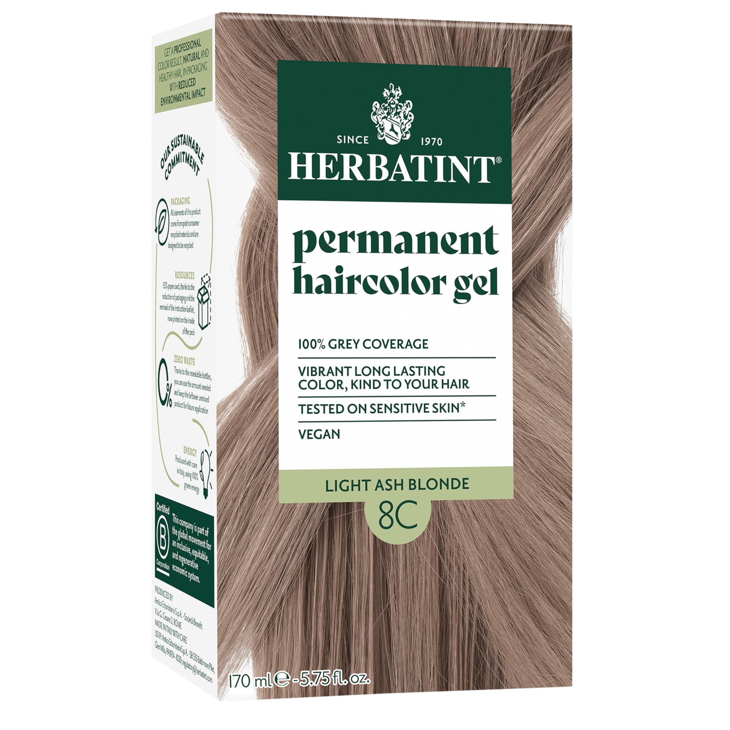 Herbatint Permanent Hair Dye For Women - 8C Light Ash Blonde - For Up To 100% Gray Coverage of Resistant Gray Hair - Ammonia-Free, Alcohol-Free