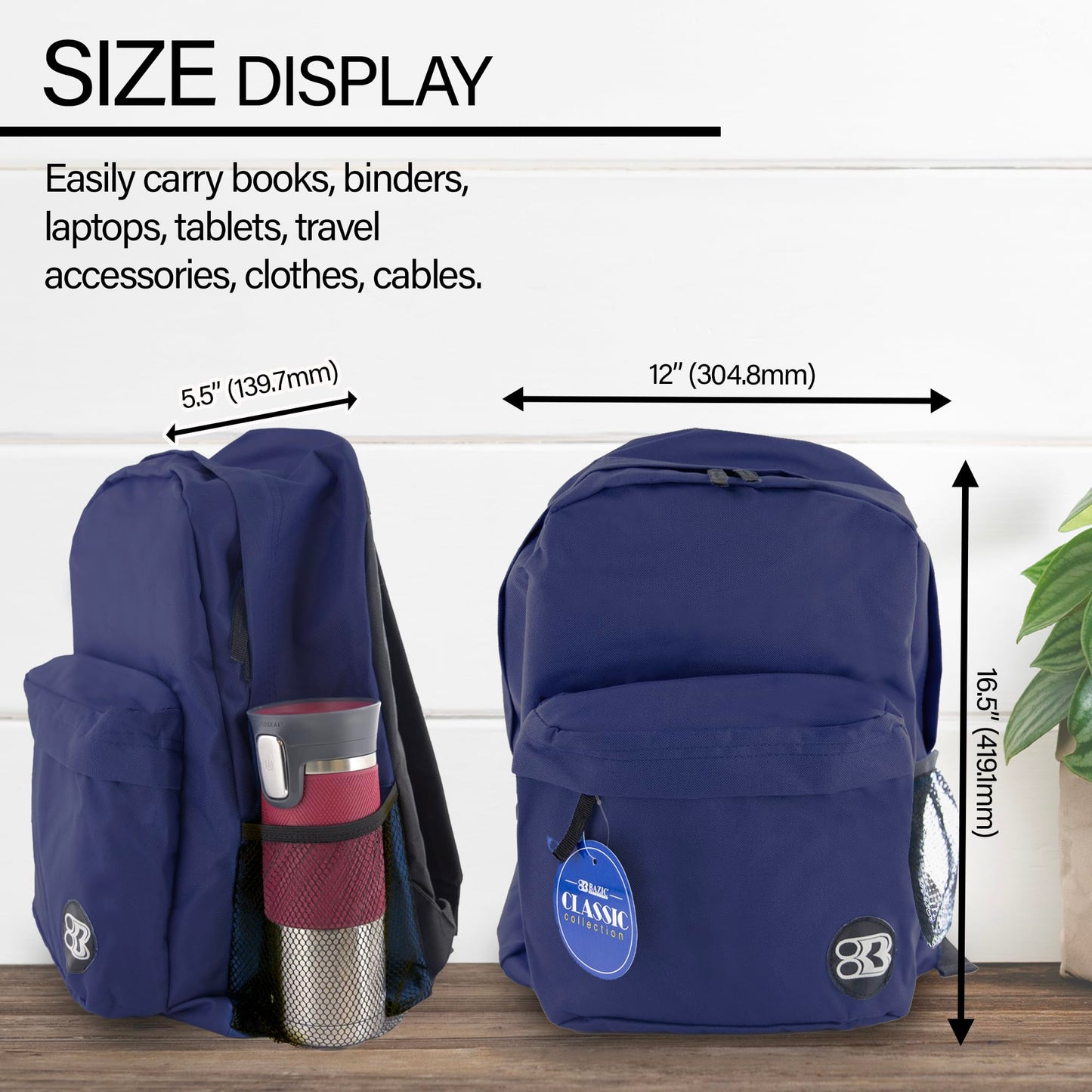 BAZIC PRODUCTS School Backpack 17" Navy Blue, Lightweight School Bag Padded Back & Adjustable Strap for Students, Travel Bag Fit A4 Notebook, 1-Pack