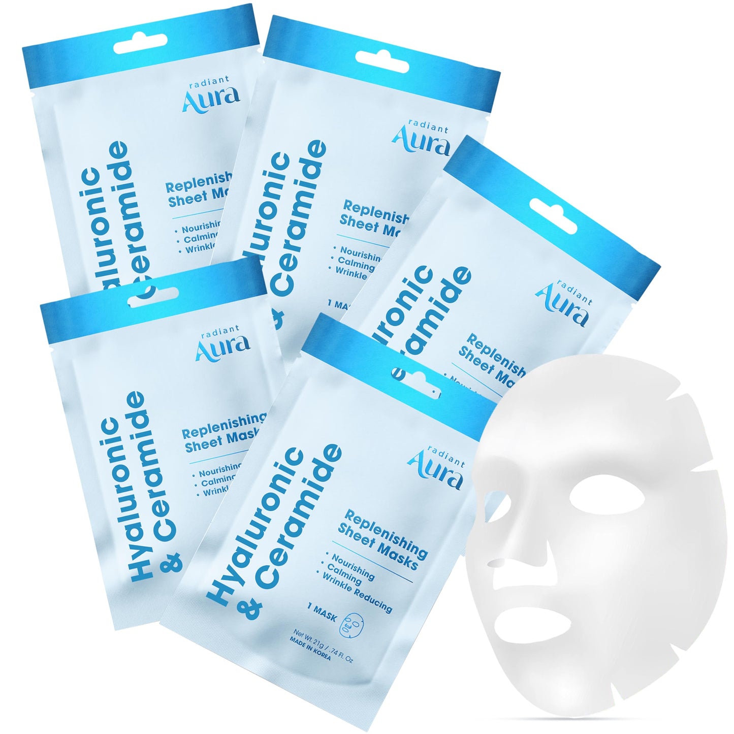 Radiant Aura Ceramide & Hyaluronic Acid Sheet Mask - Dermatologist Tested, Anti Aging, Korean Skin Care - Hydrates, Plumps Fine Lines, Supports Skin