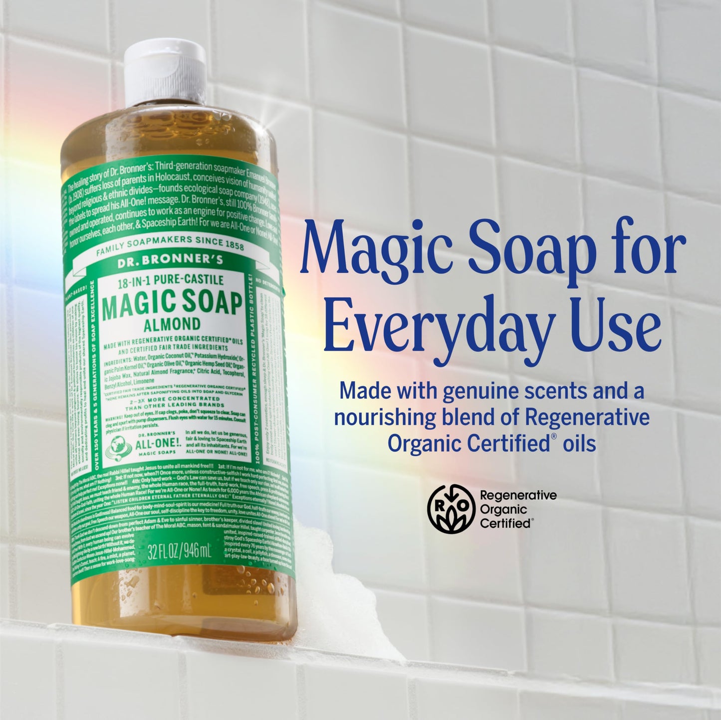 Dr. Bronner's Pure-Castile Magic Liquid Soap (Almond, 32 Ounce, 2-Pack)- Made with Regenerative Organic Certified Oils, 18-in1 Uses: Face, Hair, Hand