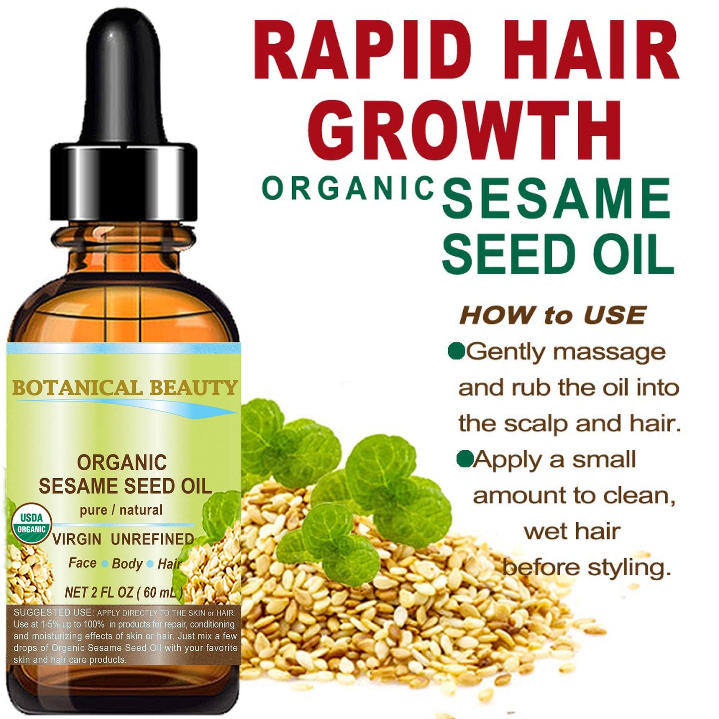 Botanical Beauty Organic SESAME SEED OIL 100% Pure Natural Virgin Unrefined Undiluted Cold Pressed Carrier Oil for Face, Skin, Body, Hair, Massage