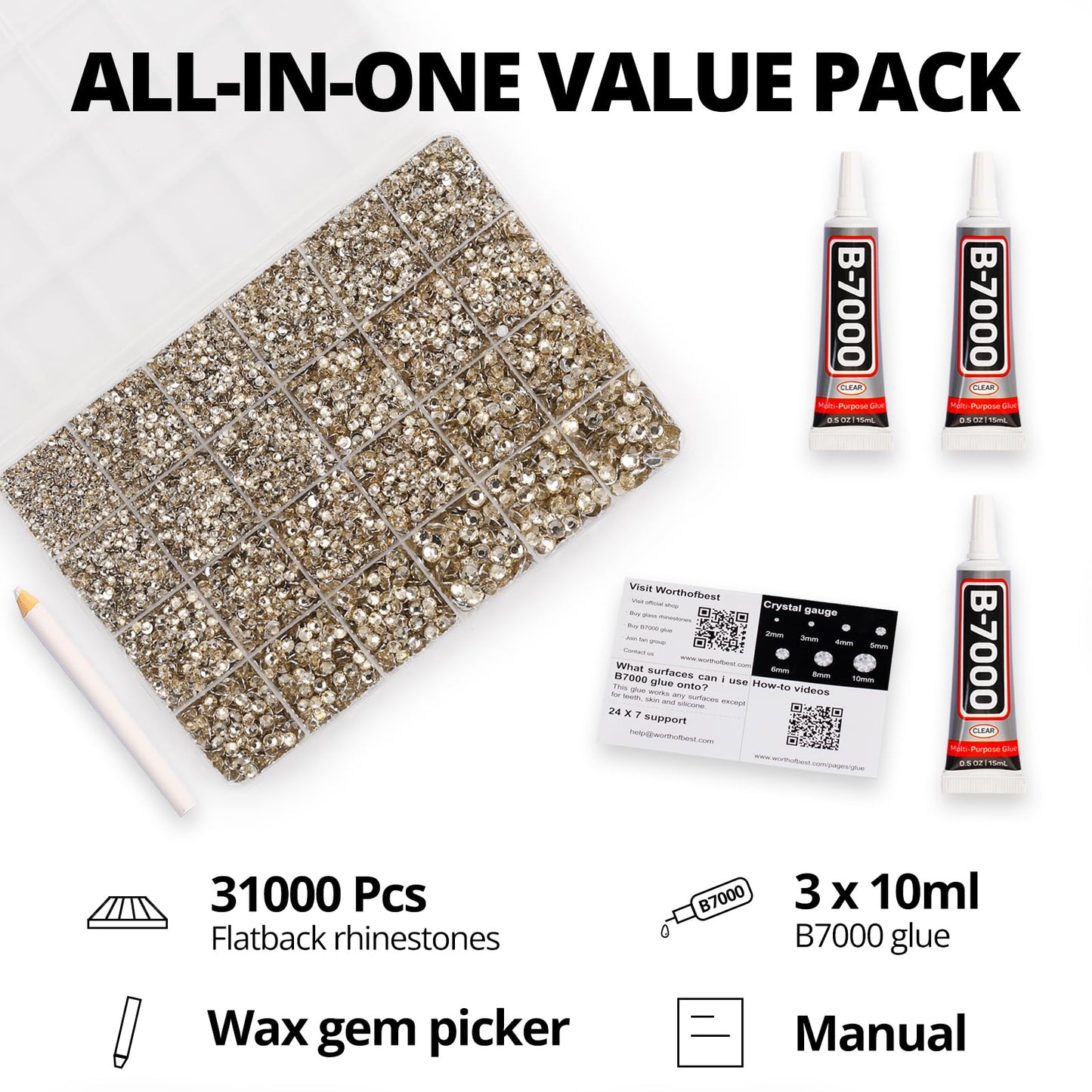 31000Pcs Tan Rhinestones Bedazzling, Multiple Sizes 2-6mm Flatback Gems Bedazzle Kit with B7000 Glue, Flat Back Resin Diamond Jewel Crystal Gemstone Beauty and Personal Care Worthofbest