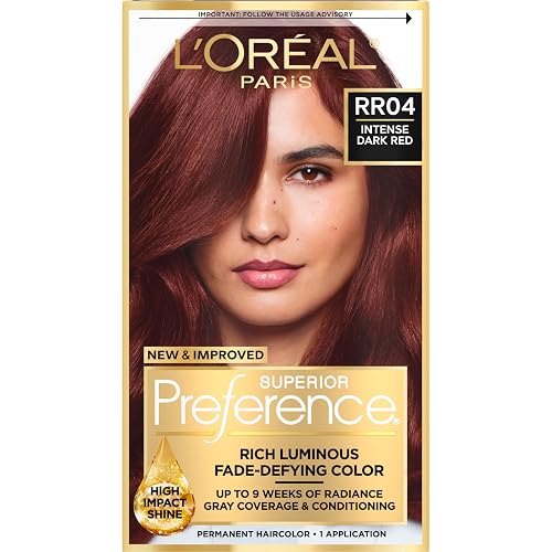 L'Oreal Paris Superior Preference Luminous Fade-Defying Permanent Hair Color, Hair Dye For Up to 9 Weeks of Radiance, Intense Dark Red RR-04, 1 Hair