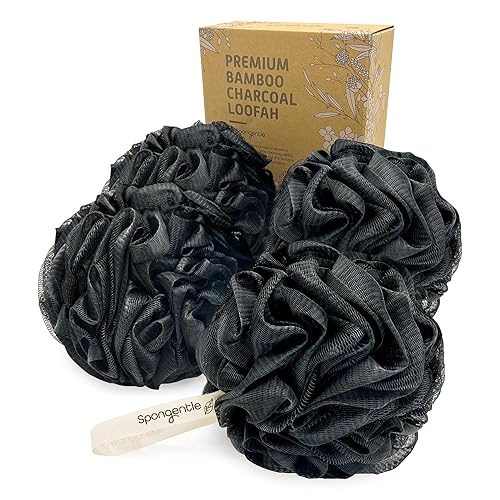 Spongentle Charcoal Bamboo Premium Deep Cleansing Loofah Sponge for Radiant Skin, Pack of 4, Bath and Shower, Exfoliating Body Scrubber, Beautiful