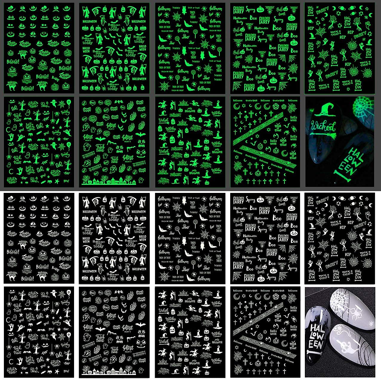 TailaiMei 9 Sheets Halloween Nail Stickers Glow in The Dark, Fluorescent Design Nail Decals, Self-Adhesive DIY Nail Art Tips for Women Manicure
