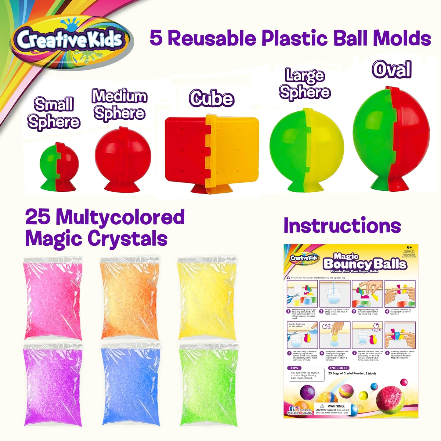 Creative Kids Magic Bouncy Balls Kit – DIY STEM Science Toy with 25 Colorful Crystal Powder Packs & 5 Molds – Makes Up to 43 Fun Bounce Balls for Kids