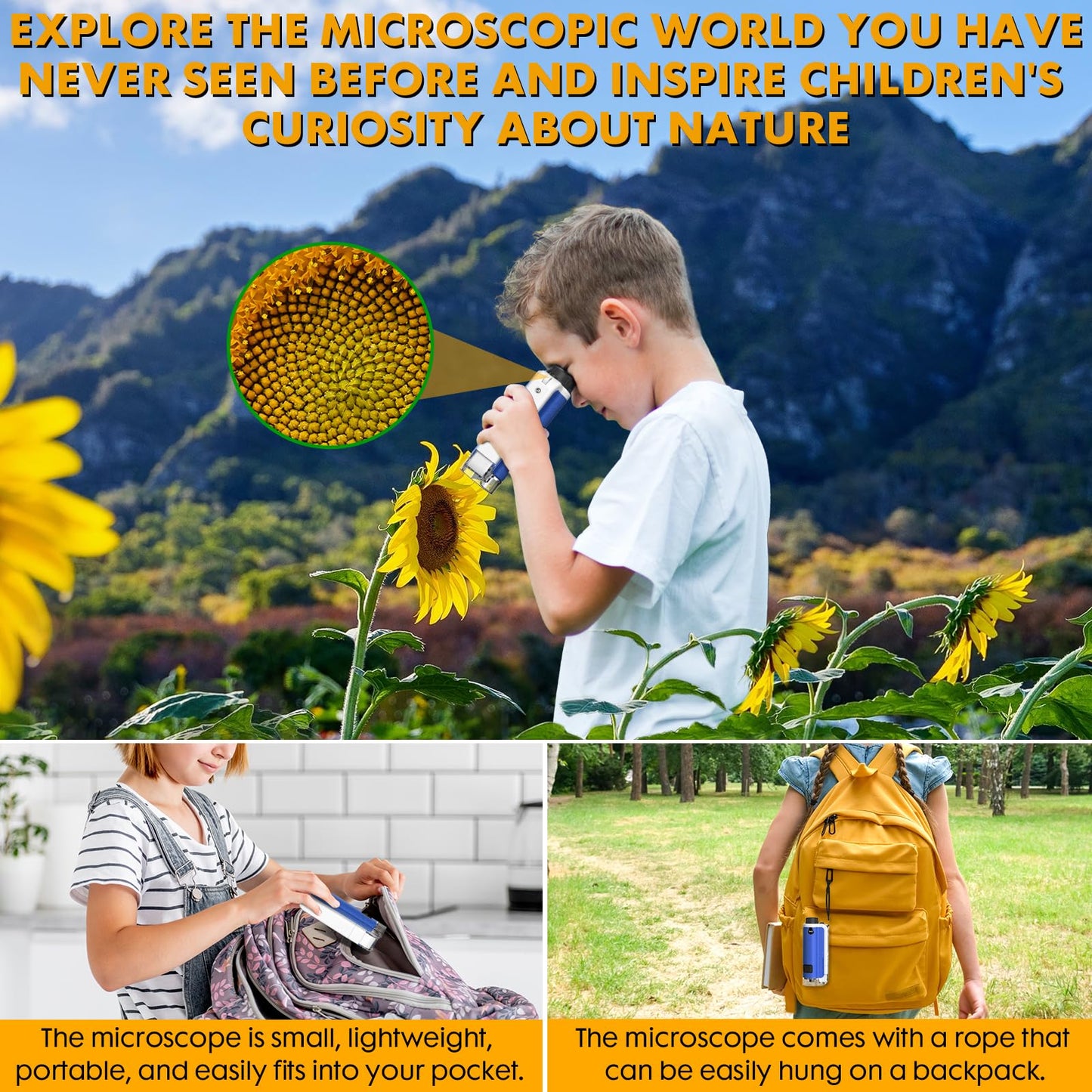 FUICZSN Portable Handheld Mini Microscope for Kids, 100x-250x Zoom with LED Lights, Alloy Pocket Microscope for Boys & Girls, Educational Science Kit (Blue)