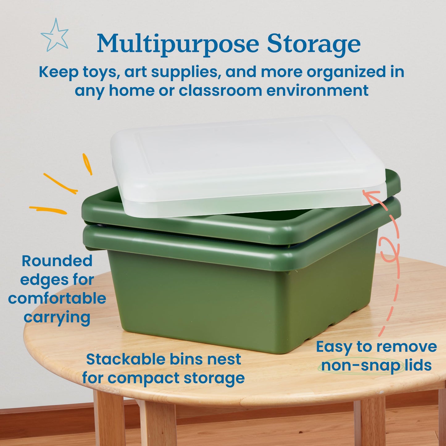 ECR4Kids Square Bin with Lid, Storage Containers, Hunter Green, 2-Pack
