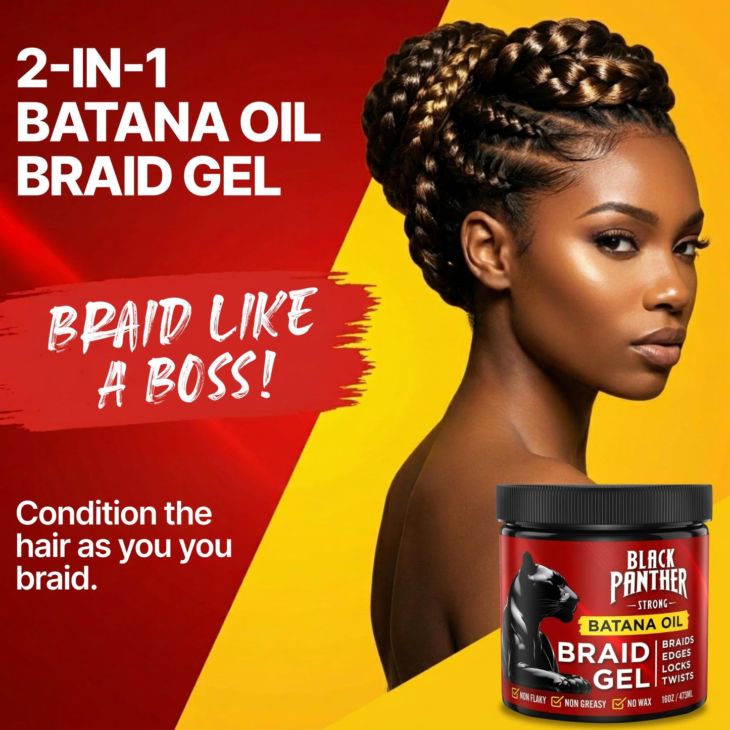 Black Panther Batana Oil Braid Gel | 2-in-1 Non Flaky, Non Greasy, No Wax No Sulfates No Parabens, Perfect for Braids, Edges, Locks, & Twists | 16 oz