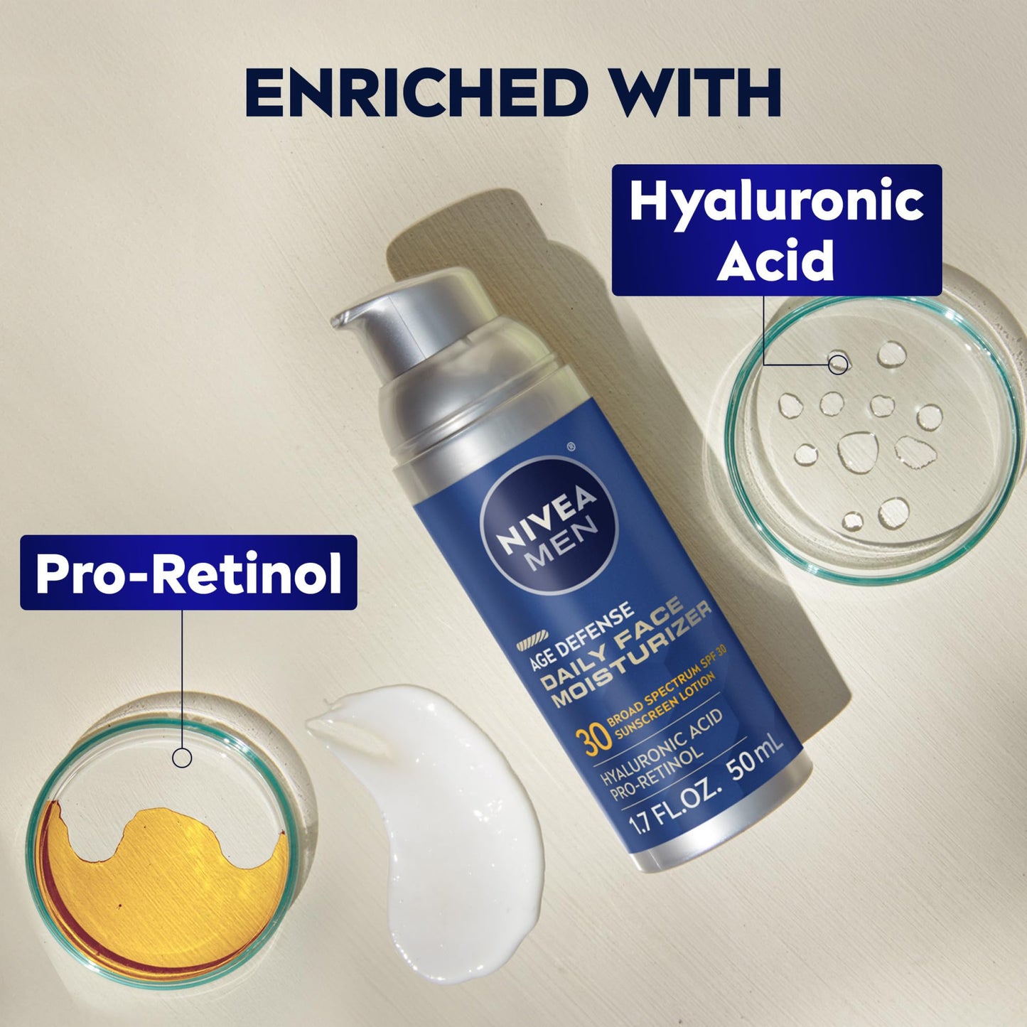 NIVEA MEN Age Defense Daily Face Moisturizer with Broad Spectrum SPF 30 Sunscreen, Pro-Retinol and Hyaluronic Acid, Beard-Friendly Face Lotion Helps