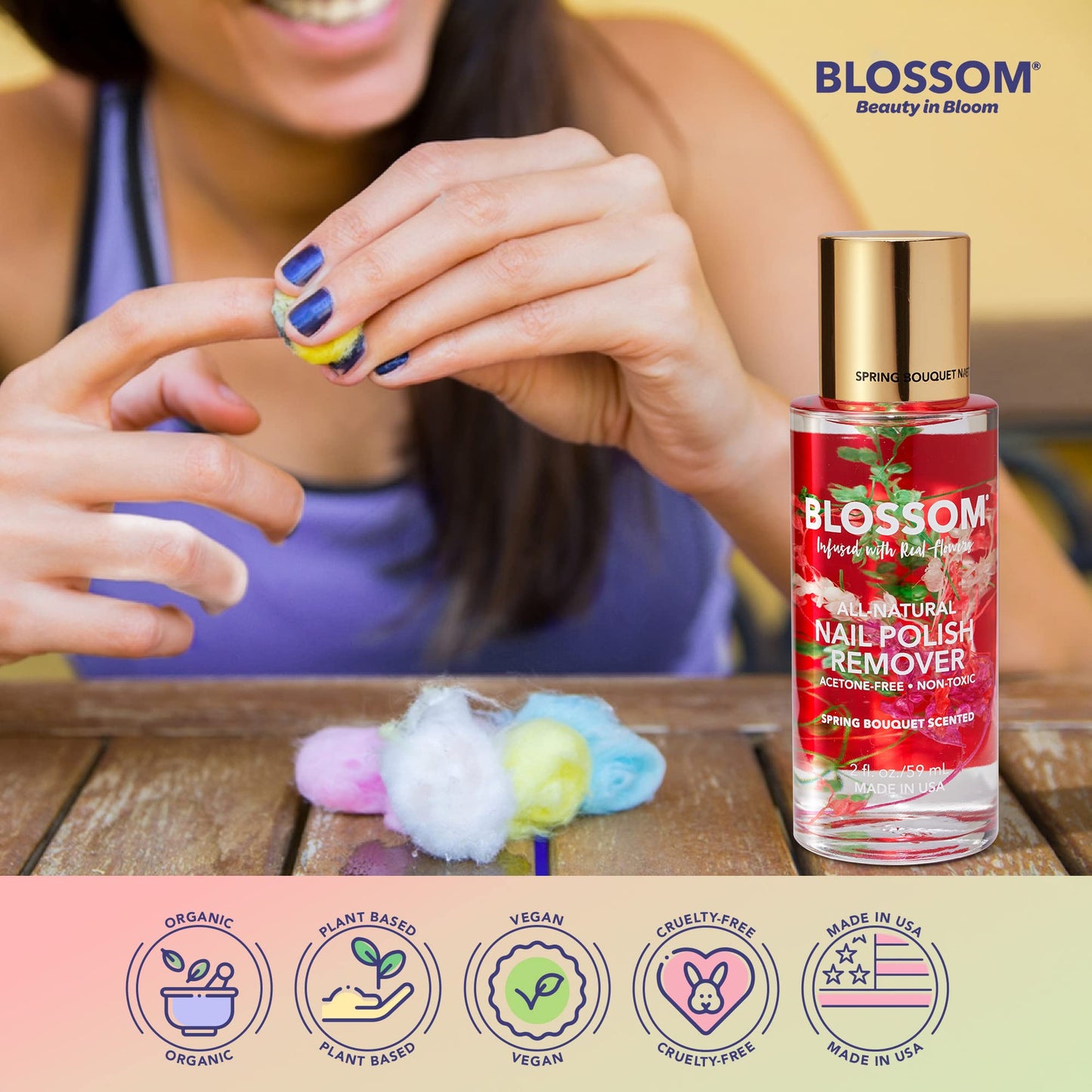 Blossom Non Toxic Nail Polish Remover Non Acetone, All Natural Scented, Vegan, Acetone Free Nail Polish Remover, Organic Plant-Based, Infused