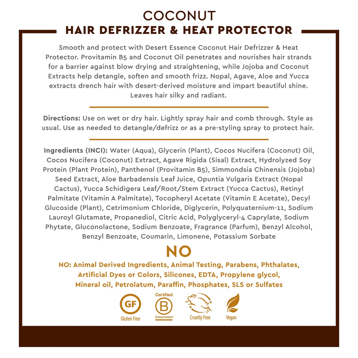 Desert Essence Coconut Hair Defrizzer & Heat Protector 8 fl oz - Gluten Free, Vegan, Cruelty Free - Coconut Oil & Jojoba Seed Extract - Protects Hair