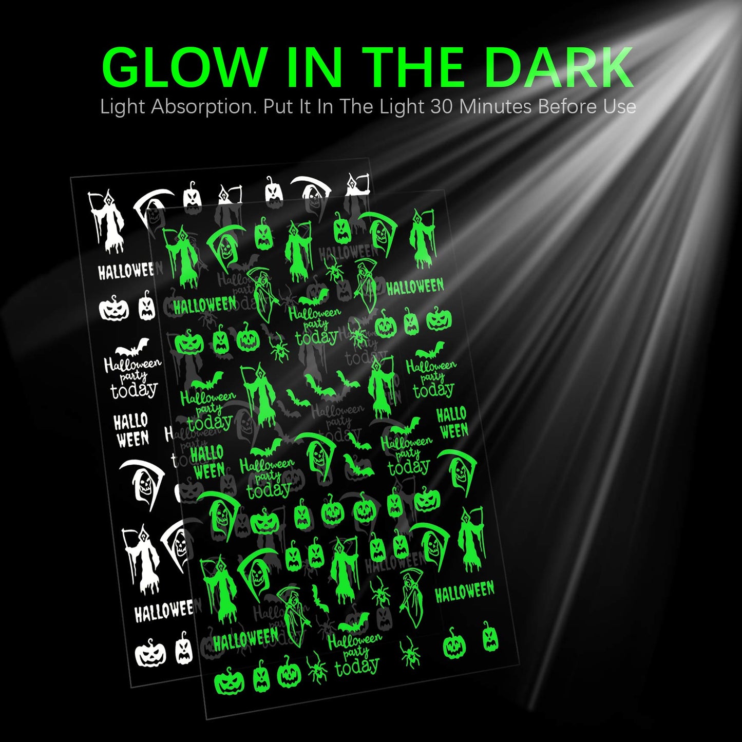TailaiMei 9 Sheets Halloween Nail Stickers Glow in The Dark, Fluorescent Design Nail Decals, Self-Adhesive DIY Nail Art Tips for Women Manicure